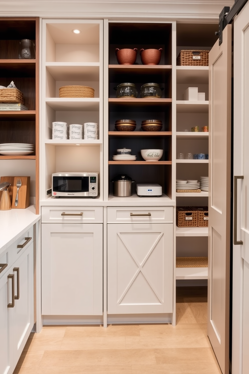 A rustic farmhouse pantry featuring exposed wooden beams and shiplap walls. The design includes open shelving made of reclaimed wood and a large farmhouse table in the center for food preparation. A collection of vintage jars and baskets is displayed on the shelves, adding charm and functionality. The space is illuminated by pendant lights with a warm glow, creating an inviting atmosphere.