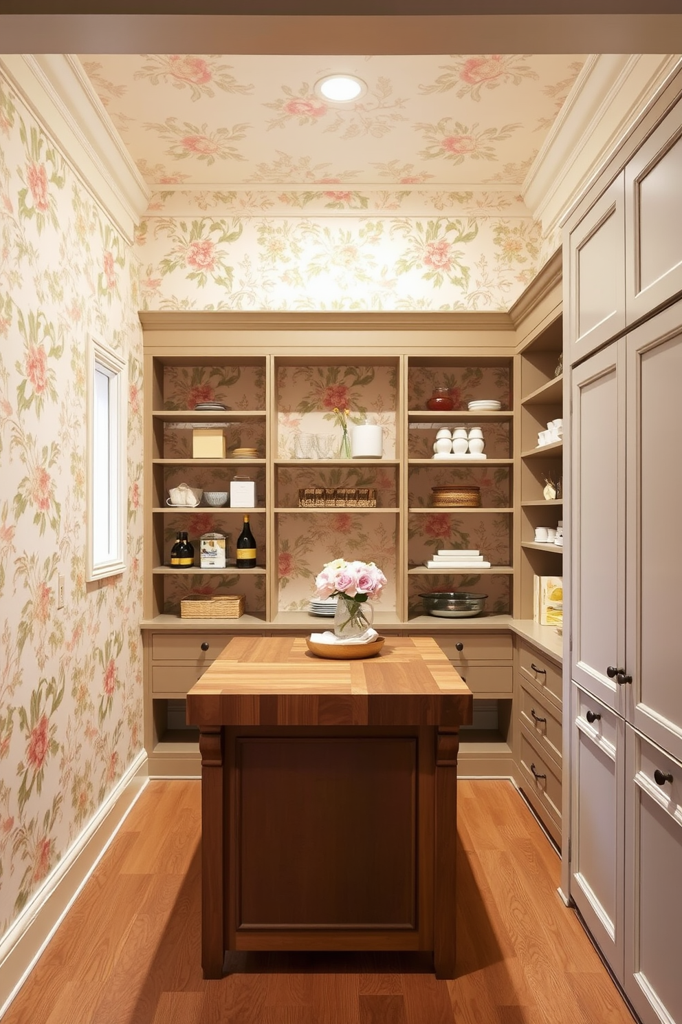 Decorative wallpaper featuring intricate floral patterns in soft pastel colors adorns the walls, creating a warm and inviting atmosphere. The wallpaper is complemented by elegant crown molding that adds a touch of sophistication to the space. The large pantry is designed with custom shelving that maximizes storage while maintaining a clean aesthetic. A central island with a butcher block countertop provides additional workspace and serves as a functional focal point in the pantry.