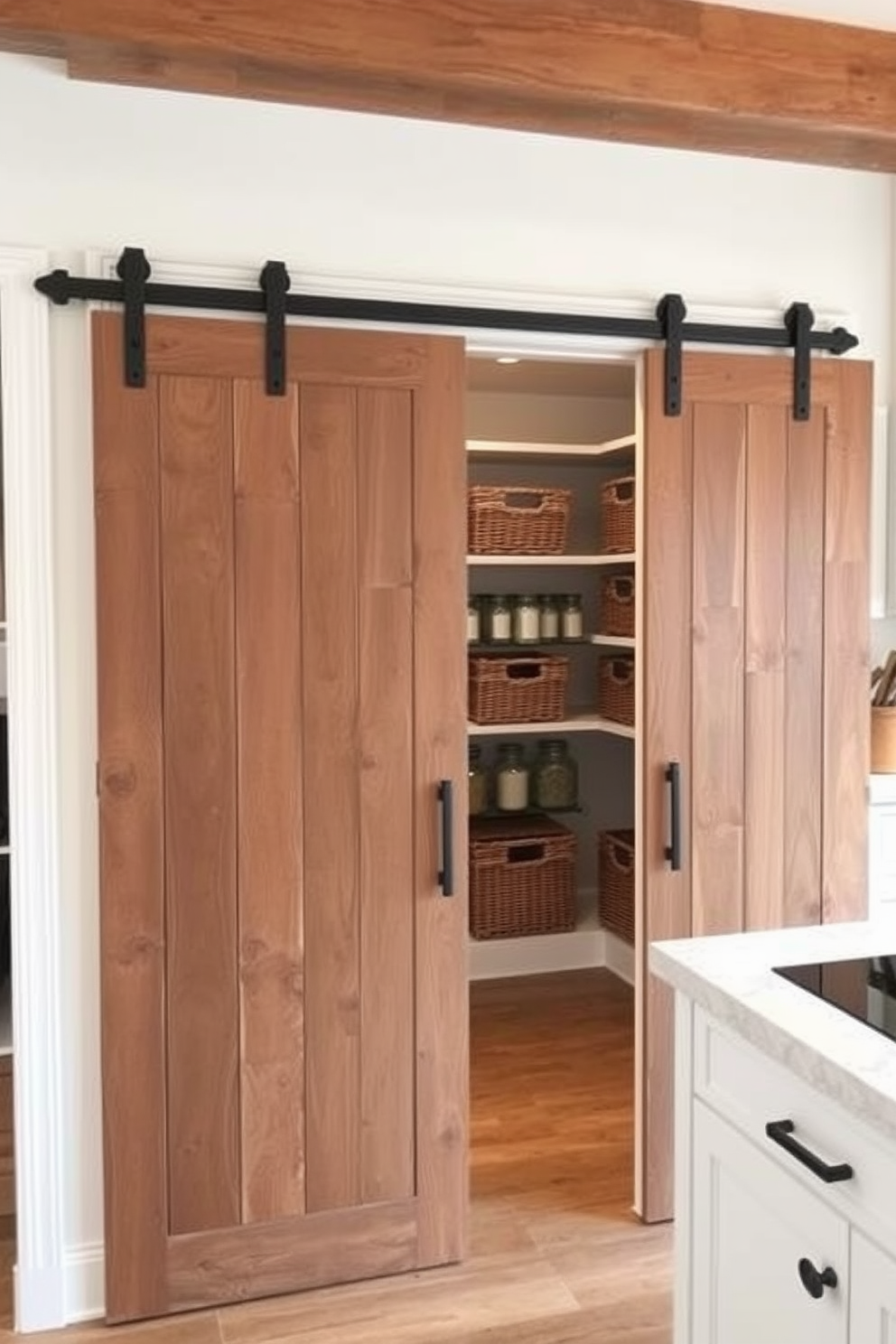 A charming kitchen featuring sliding barn doors that add rustic appeal. The doors are crafted from reclaimed wood, enhancing the farmhouse aesthetic while providing easy access to the pantry. The large pantry is designed with open shelving for easy organization and accessibility. It includes a combination of wicker baskets and glass jars to store dry goods, creating a visually appealing and functional space.