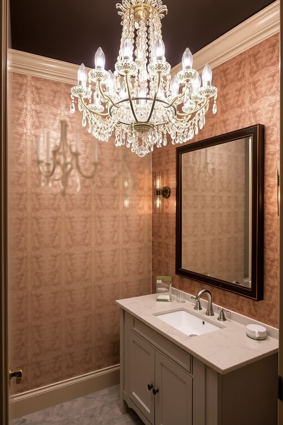 Elegant wallpaper with bold patterns creates a striking focal point in the large powder room. The space features a chic pedestal sink with a vintage-style faucet and a decorative mirror that complements the wallpaper's design.