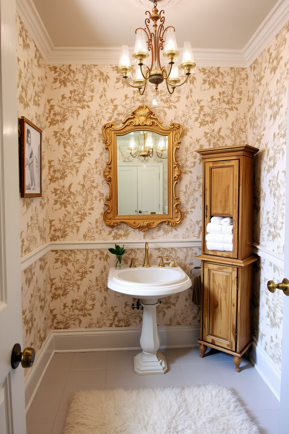 A large powder room with vintage accents that exudes timeless charm. The room features a classic pedestal sink with an ornate gold faucet and a large antique mirror with intricate detailing above it. The walls are adorned with floral wallpaper in soft pastel tones, complemented by a vintage chandelier hanging from the ceiling. A wooden cabinet with distressed paint holds neatly folded towels, while a plush area rug adds warmth to the space.