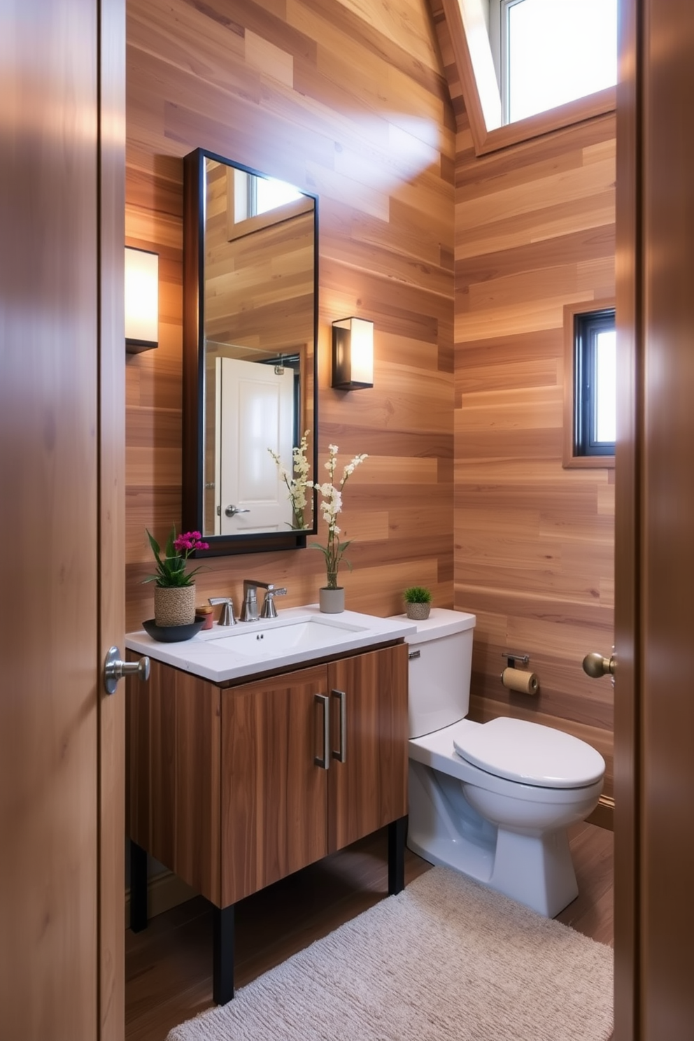 A large powder room featuring natural wood elements that create a warm and cozy atmosphere. The walls are adorned with rich wooden paneling, complemented by a stylish wooden vanity with a sleek countertop. Soft lighting fixtures illuminate the space, casting a gentle glow over the room. A plush area rug in neutral tones adds comfort underfoot, while decorative elements like potted plants enhance the inviting ambiance.