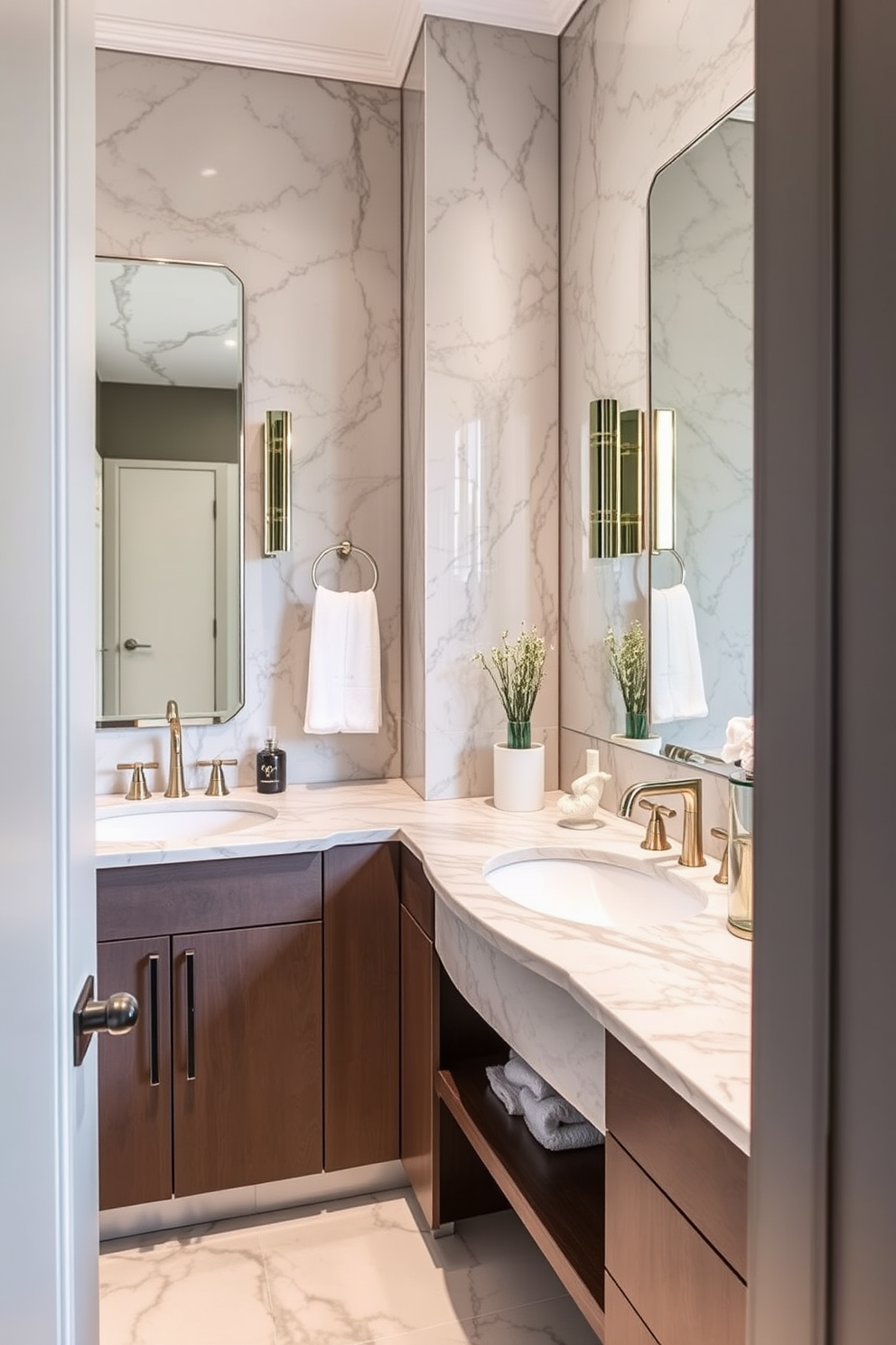 A large powder room features sophisticated marble countertops that exude elegance and luxury. The space is complemented by stylish fixtures and carefully selected decor that enhance its refined aesthetic.