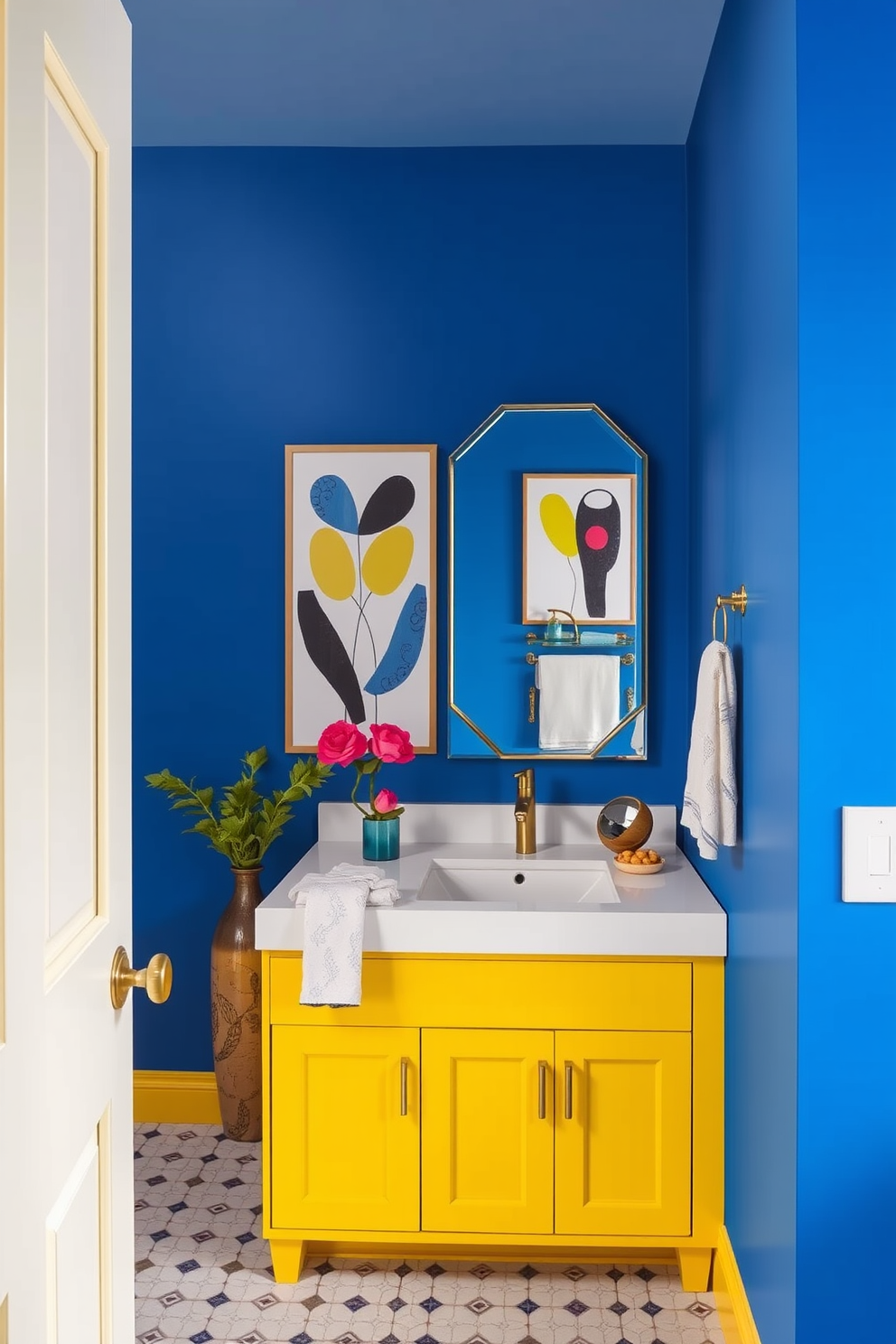 A bold color palette featuring vibrant blues and yellows creates an energizing atmosphere in the large powder room. The walls are painted in a rich cobalt blue while the cabinetry showcases a sunny yellow finish, complemented by gold fixtures for an elegant touch. A spacious mirror with a geometric frame hangs above a sleek white vanity, enhancing the room's brightness. Statement artwork featuring abstract designs adds personality and visual interest to the walls, making the space feel lively and inviting.