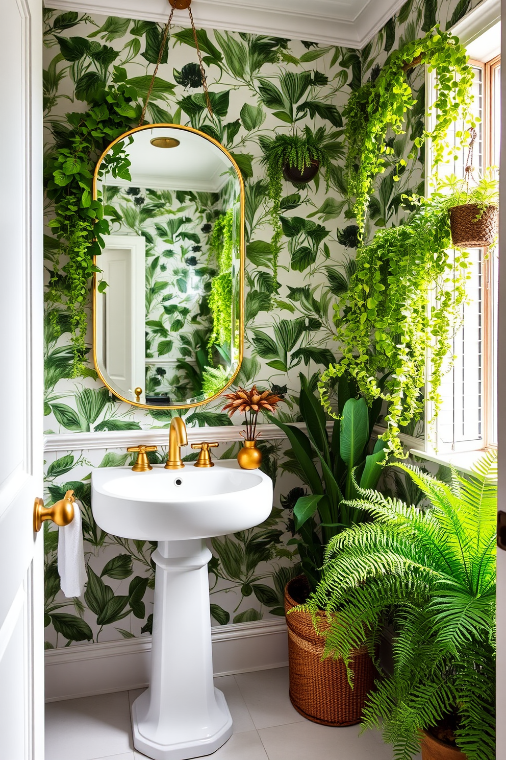 A large powder room filled with lush greenery creates a refreshing and inviting atmosphere. The walls are adorned with botanical wallpaper, and a statement mirror reflects the vibrant plants surrounding the space. A sleek white pedestal sink is complemented by a stylish gold faucet, enhancing the room's elegance. Potted ferns and hanging plants add depth and a sense of tranquility to the design.