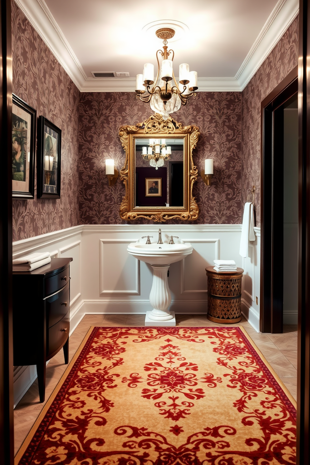 A large powder room features a stunning decorative rug that adds warmth and character to the space. The walls are adorned with elegant wallpaper, and a stylish pedestal sink complements the overall design. The room is illuminated by a chic chandelier that casts a soft glow, enhancing the inviting atmosphere. A large mirror with an ornate frame hangs above the sink, reflecting the beauty of the decor and creating a sense of spaciousness.