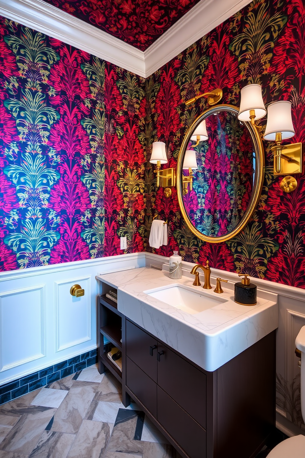 A large powder room features a bold wallpaper design that creates a striking focal point. The walls are adorned with vibrant patterns, while elegant fixtures in gold add a touch of luxury. A spacious vanity with a sleek countertop provides ample space for essentials. Decorative elements such as a stylish mirror and unique lighting fixtures enhance the overall aesthetic.