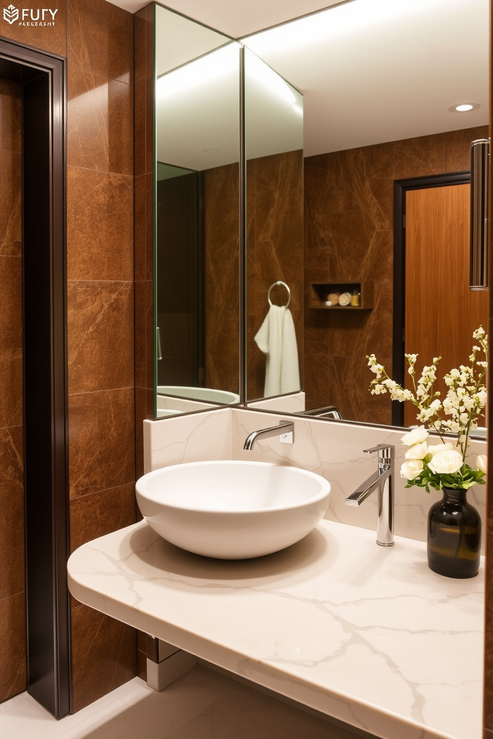 A stunning large powder room features a statement lighting fixture that serves as the focal point of the space. The walls are adorned with elegant wallpaper, and the floor is finished with luxurious marble tiles that complement the overall design.