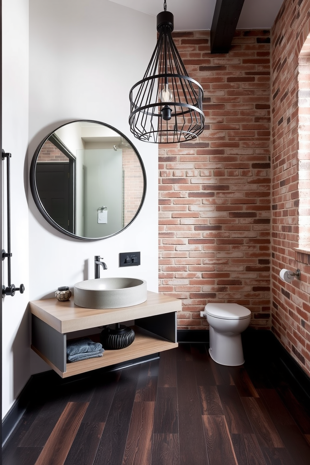 A large powder room with industrial accents features exposed brick walls and sleek metal fixtures. The space includes a floating vanity with a concrete sink and a large round mirror framed in black metal. The floor is covered with dark hardwood planks, contrasting with the light walls for a modern look. A statement pendant light made of wrought iron hangs from the ceiling, adding character to the room.