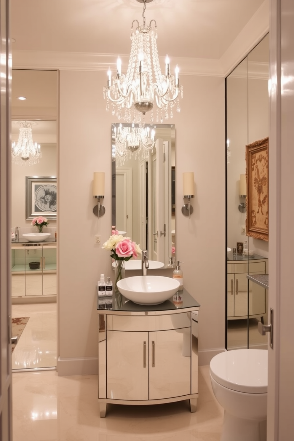 A large powder room featuring mirrored furniture that reflects light and adds a touch of glam. The space is adorned with a stunning chandelier that hangs elegantly from the ceiling, illuminating the room with a warm glow. The walls are painted in a soft pastel color, enhancing the brightness of the mirrored surfaces. A stylish vanity with a mirrored finish and a sleek vessel sink create a focal point, complemented by decorative accents like fresh flowers and chic accessories.