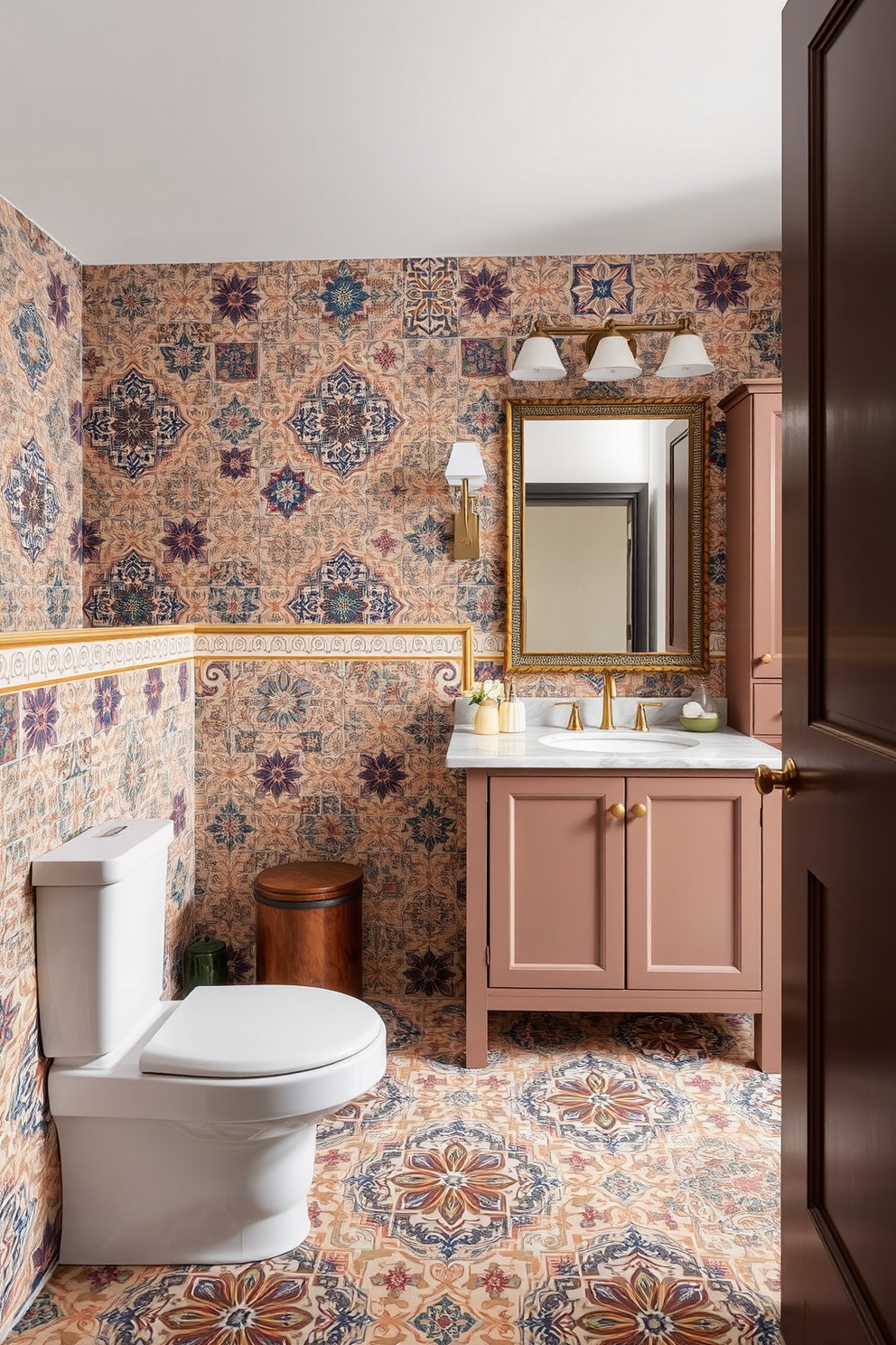 A spacious powder room featuring bold geometric patterns on the walls that create a striking visual impact. The floor is adorned with contrasting tiles that enhance the contemporary aesthetic while providing a unique texture. A sleek, modern vanity with a glossy finish complements the geometric theme, topped with a striking vessel sink. Stylish lighting fixtures with clean lines illuminate the space, adding a touch of sophistication to the overall design.