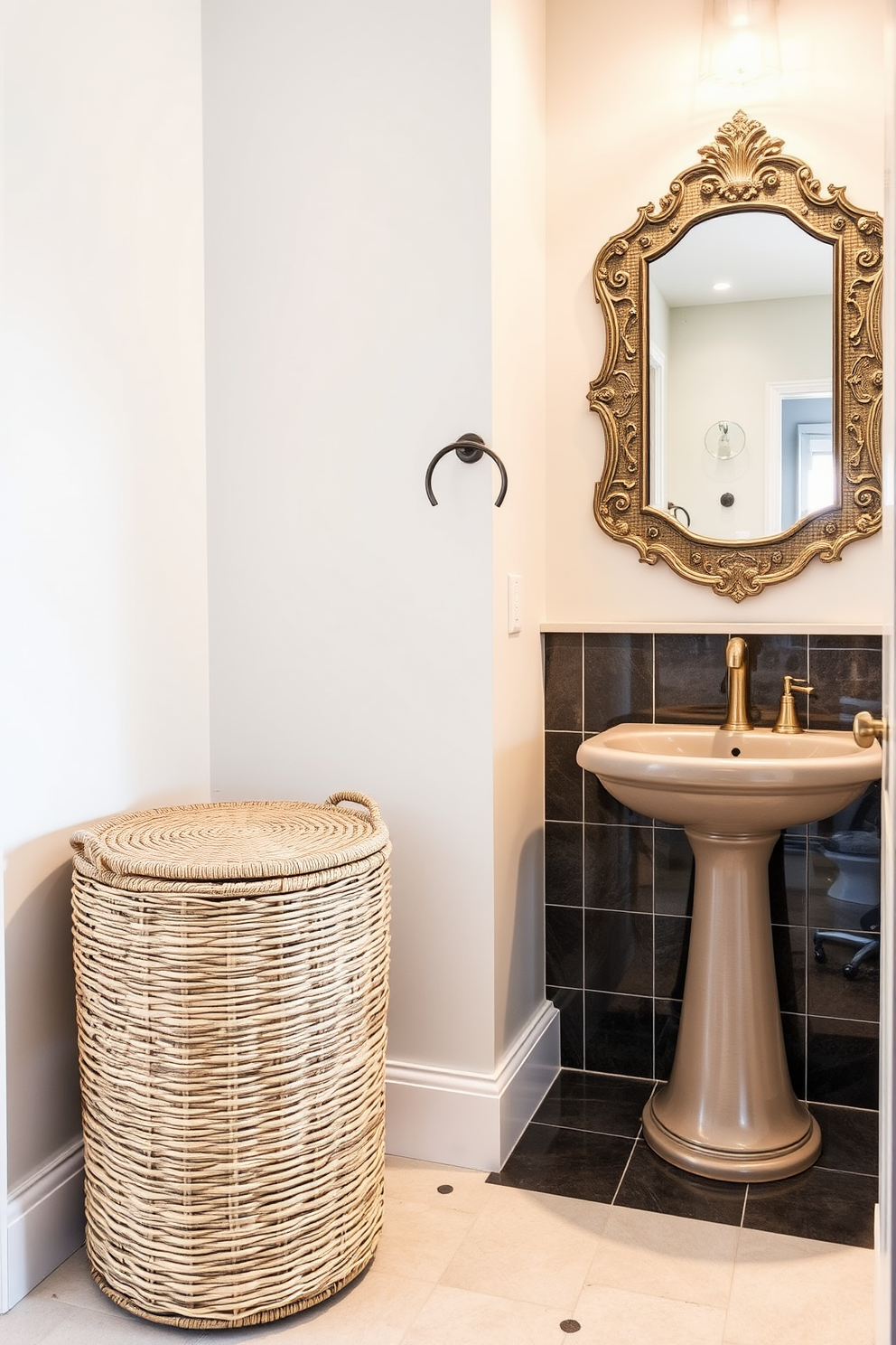 A large powder room featuring a mix of metals for an eclectic style. The walls are adorned with bold wallpaper, and the floor is covered with dark herringbone tiles. A striking chandelier with gold and silver accents hangs from the ceiling. The vanity is a unique blend of brass and chrome, topped with a vibrant blue stone countertop. A large round mirror with a mixed metal frame reflects the stylish decor. Accessories include a collection of decorative trays and soap dispensers in varying metallic finishes.