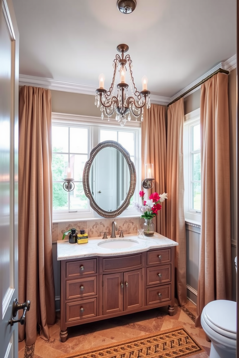 Create a large powder room that combines style and functionality. Incorporate stylish hooks for hanging towels and accessories, ensuring they complement the overall decor theme. The walls should feature a bold color or patterned wallpaper to create a striking visual impact. Include a chic vanity with ample storage and a statement mirror to enhance the space's elegance.