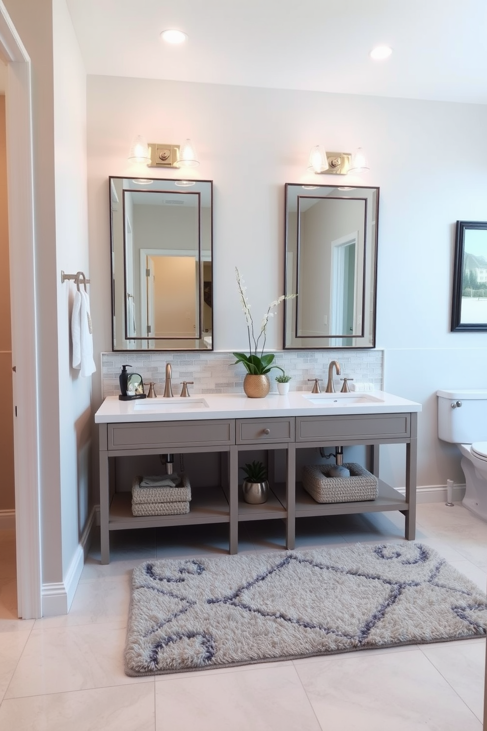 A spacious powder room featuring a double sink vanity with elegant fixtures. The walls are adorned with soft, neutral tones, complemented by a stylish backsplash that adds a touch of sophistication. The floor is tiled with large, light-colored porcelain tiles, enhancing the room's brightness. A plush area rug lies beneath the vanity, providing warmth and comfort while adding a decorative element. Large mirrors above each sink reflect natural light, creating an airy atmosphere. Decorative accents, such as potted plants and tasteful artwork, bring personality to the space.