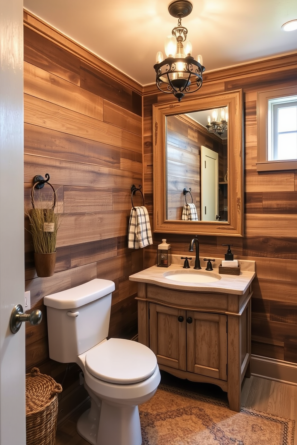 A large powder room features rustic elements that create a cozy ambiance. The walls are adorned with reclaimed wood paneling, and a vintage-style sink with a wrought iron faucet sits atop a distressed wooden vanity. A large mirror with a weathered frame reflects the warm light from a charming chandelier overhead. Soft, earthy tones in the decor are complemented by a plush area rug and rustic accessories that enhance the inviting atmosphere.