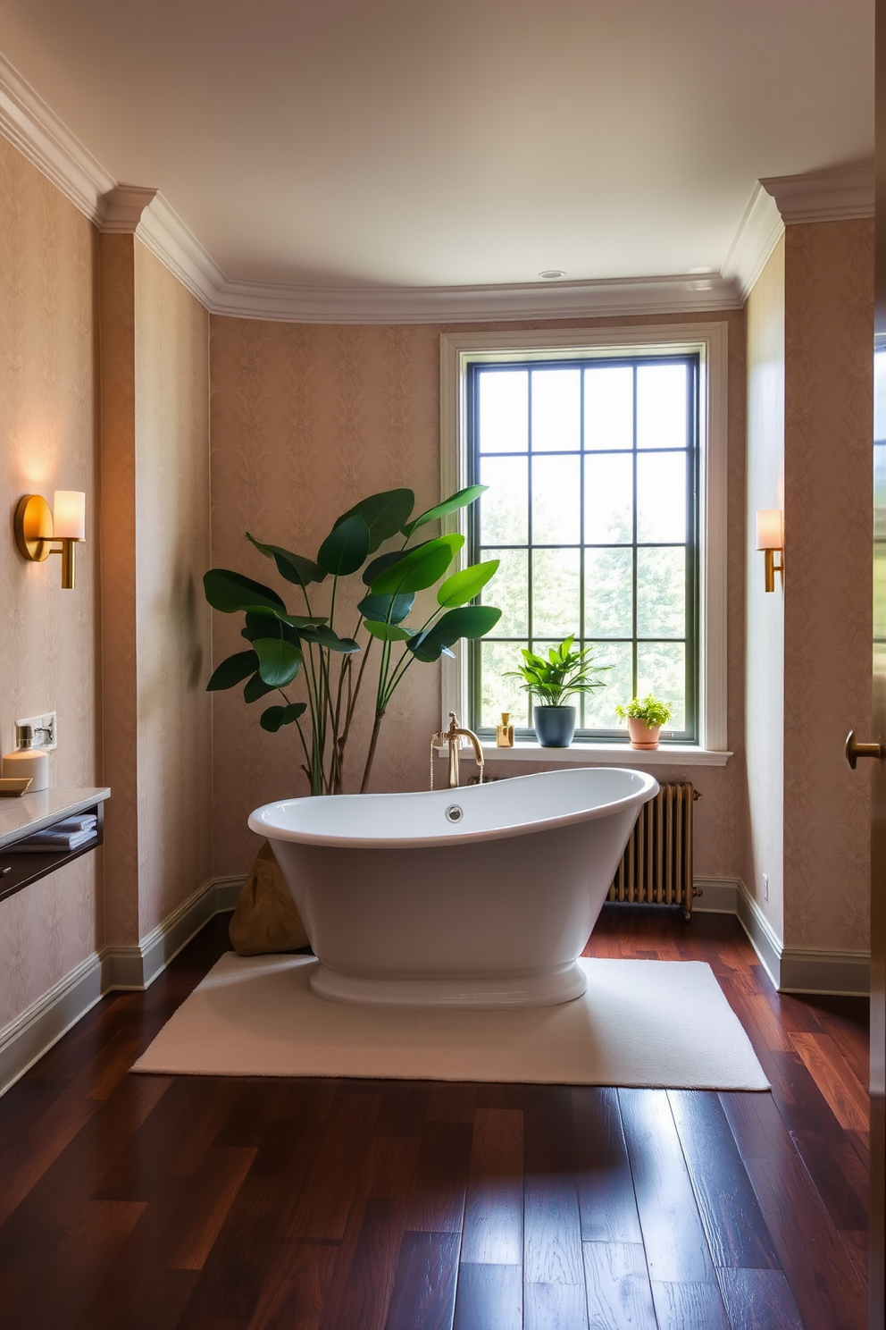 A luxurious powder room featuring a freestanding soaking tub placed elegantly in the center. The walls are adorned with soft beige wallpaper, and the floor is covered in rich dark hardwood, creating a warm and inviting atmosphere. Flanking the tub, there are stylish gold sconces that provide soft ambient lighting. A large window allows natural light to flood the space, complemented by lush green plants positioned on the windowsill.