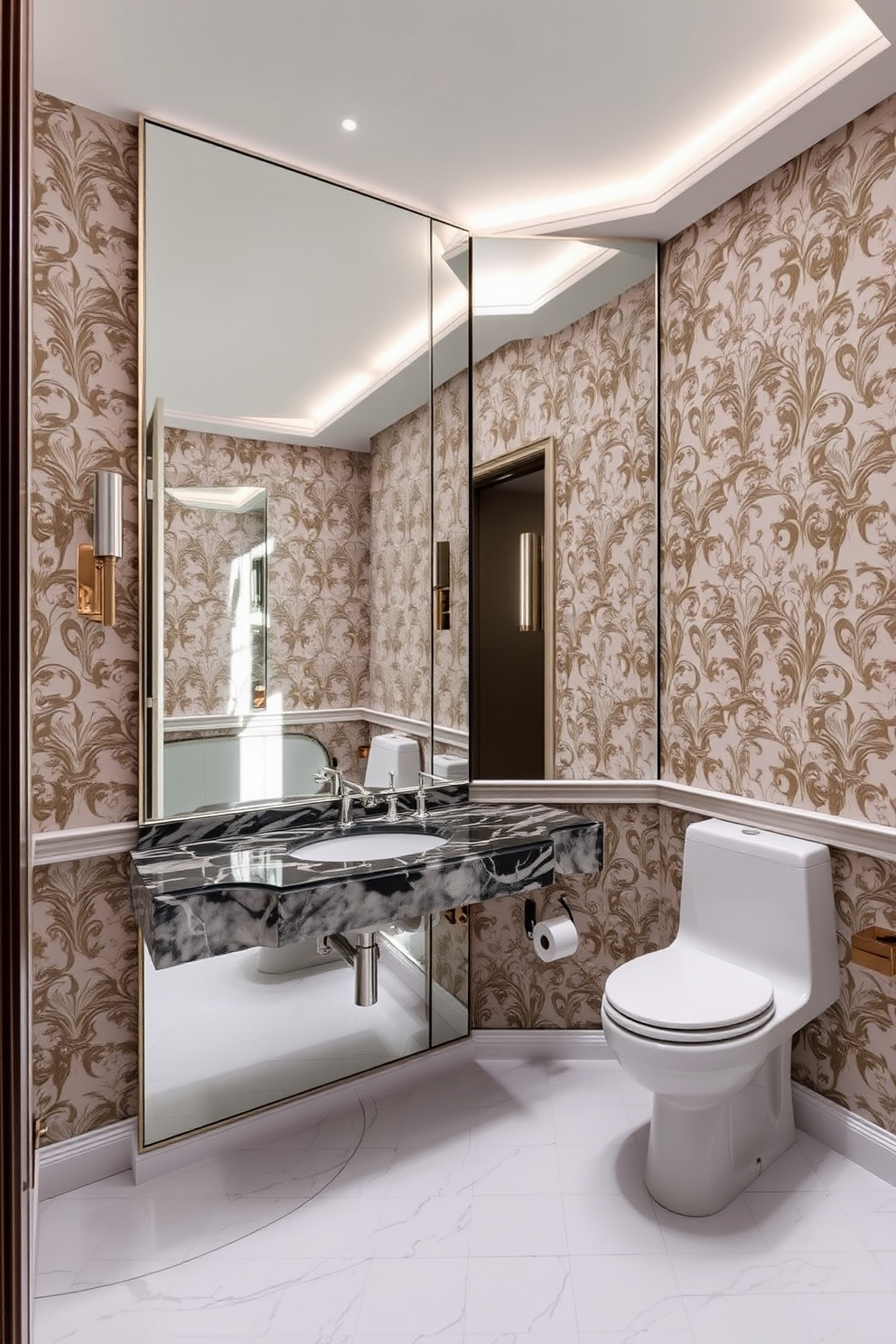 A large powder room featuring expansive mirrors that create an illusion of depth and openness. The walls are adorned with elegant wallpaper while the floor showcases intricate tile work that complements the overall design. The centerpiece is a stylish pedestal sink with a sleek faucet, surrounded by decorative accents. Soft lighting fixtures above the mirrors add a warm ambiance, enhancing the inviting atmosphere of the space.