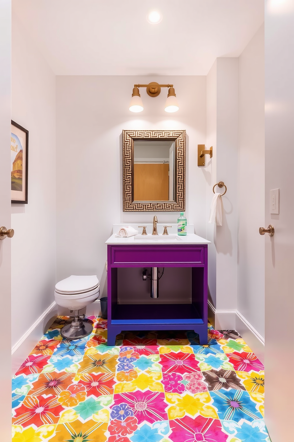 A vibrant powder room featuring colorful tiles that create a lively floor pattern. The walls are painted in a soft white to contrast with the bright tiles, enhancing the overall brightness of the space. A large mirror with a decorative frame hangs above a sleek vanity with a bold color finish. Stylish lighting fixtures are installed to provide warm illumination, highlighting the unique tile design.