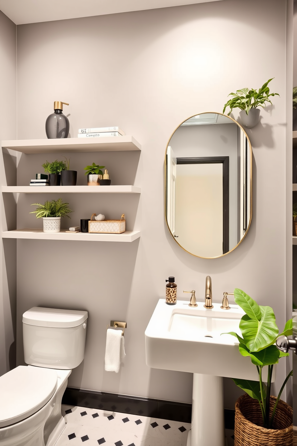 Design a large powder room featuring elegant floating shelves that provide stylish storage options. The shelves are adorned with decorative items and plants, creating a chic and inviting atmosphere.