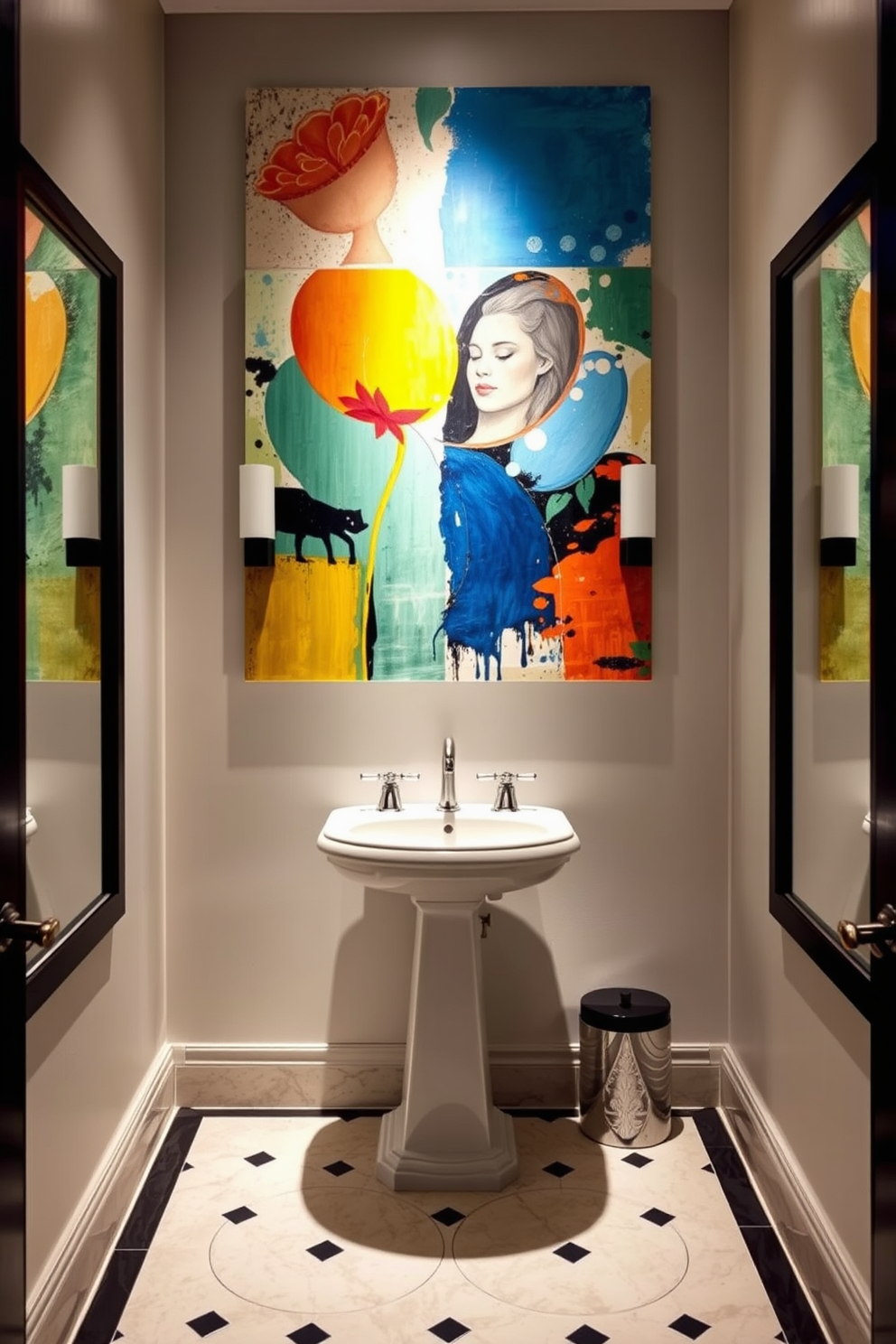 A large powder room features unique artwork as a focal point that draws the eye. The walls are painted in a soft neutral tone to complement the vibrant colors of the artwork. A stylish pedestal sink is placed in front of the artwork, with elegant fixtures that enhance the overall design. The floor is adorned with chic tiles that add a touch of sophistication to the space.