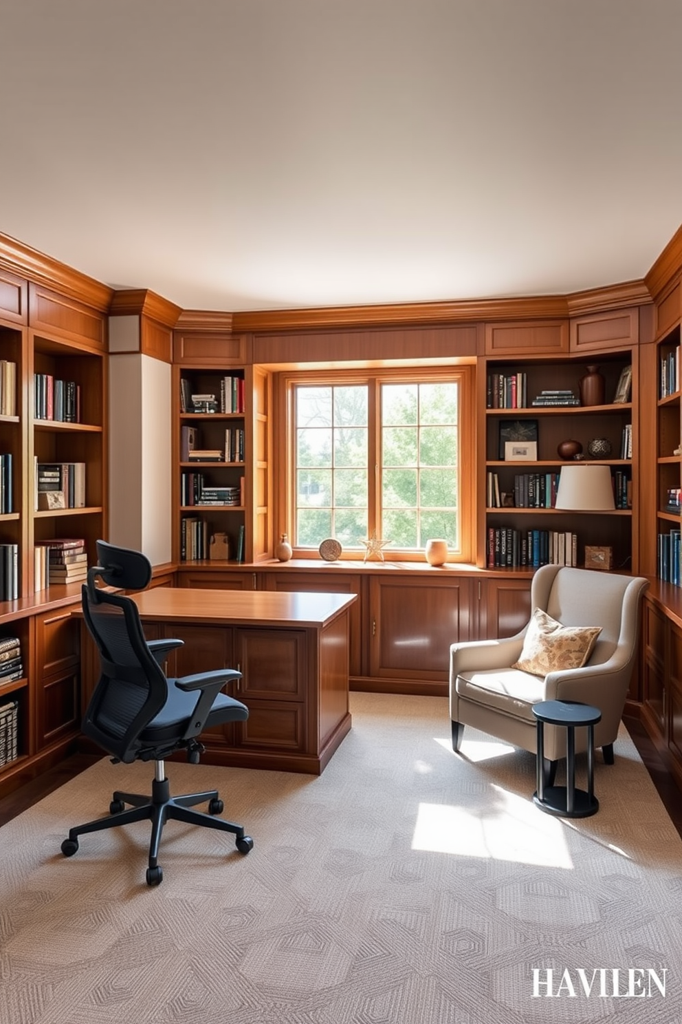 A spacious study room features a large wooden desk positioned against a window, allowing natural light to flood the space. An ergonomic chair with adjustable height and lumbar support complements the desk, promoting comfort during long work sessions. The walls are adorned with built-in bookshelves filled with books and decorative items, adding character to the room. A cozy reading nook with a plush armchair and a small side table invites relaxation, creating a perfect balance between work and leisure.