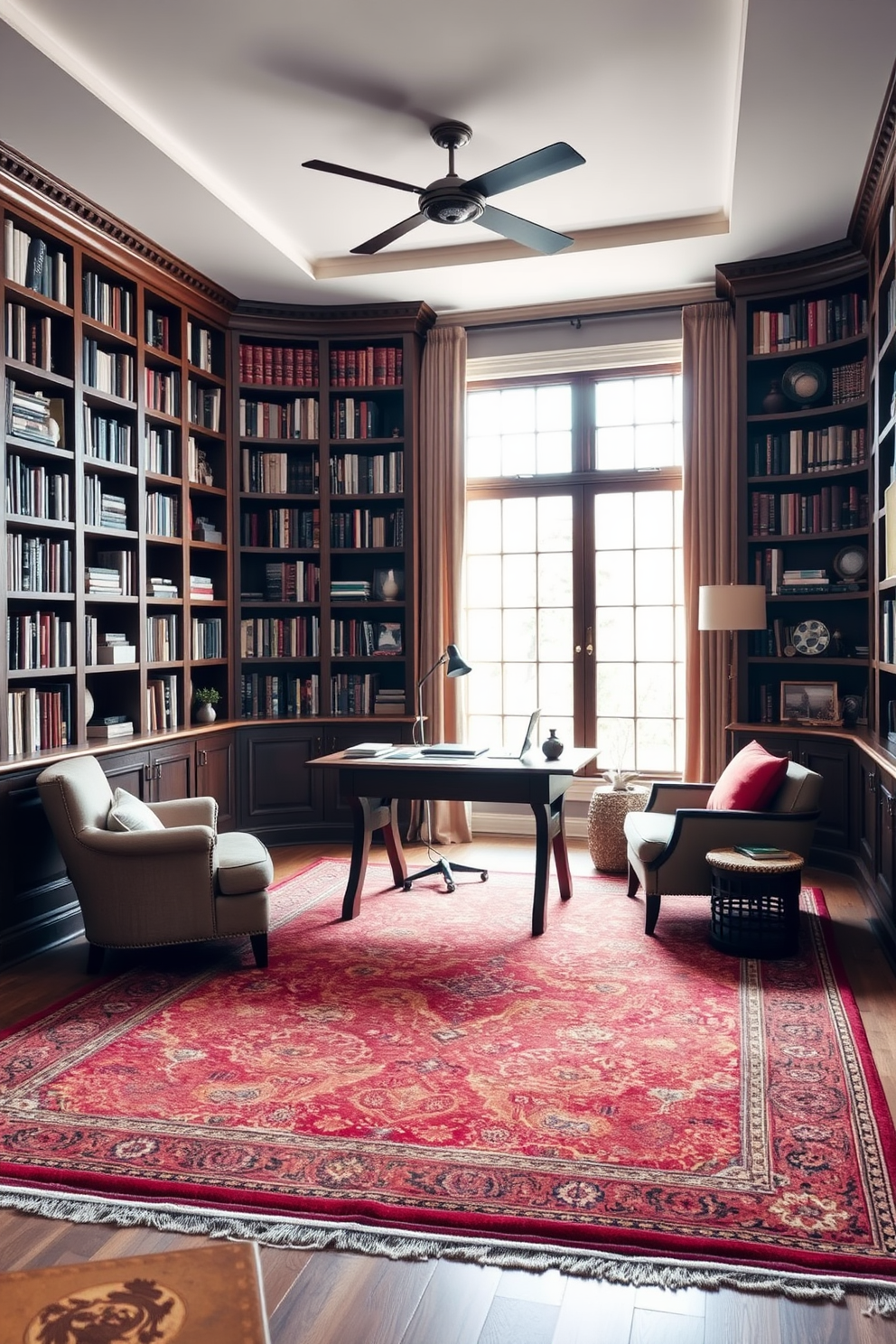 A large area rug anchors the room, featuring intricate patterns in warm tones that complement the surrounding decor. The study room is designed with a spacious wooden desk facing a large window, allowing natural light to flood the space. Bookshelves line the walls, filled with an array of books and decorative items that add character to the room. A comfortable armchair is placed in one corner, inviting relaxation and reading time.