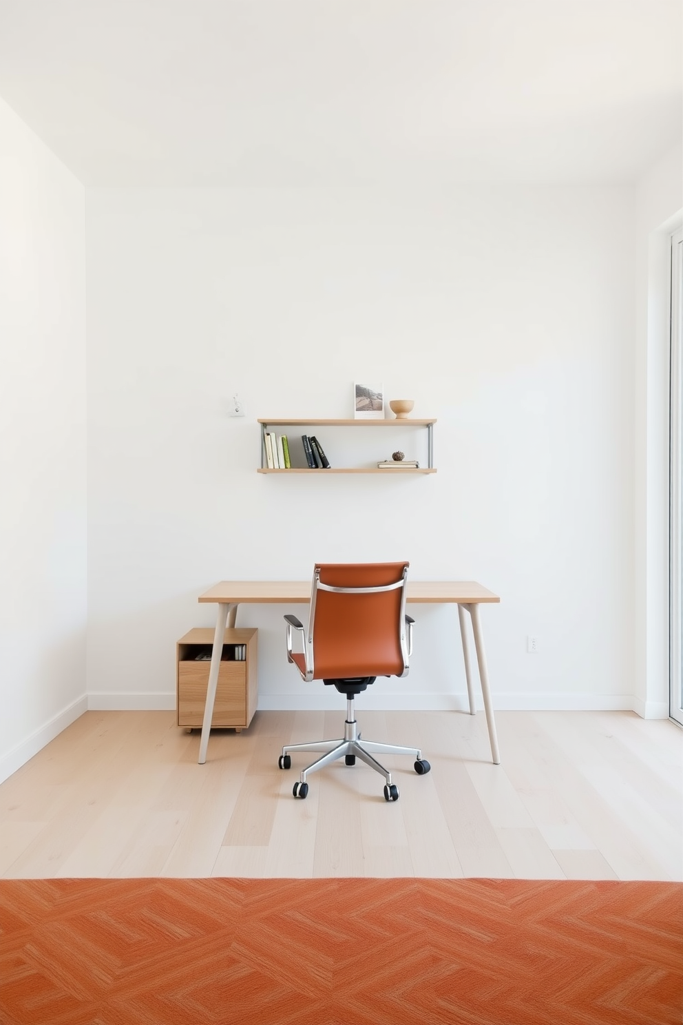 A spacious study room with a minimalist design that emphasizes a clutter-free look. The walls are painted in a soft white, and the flooring features light wood to enhance the airy atmosphere. In the center, a sleek wooden desk is paired with an ergonomic chair, both showcasing clean lines and a modern aesthetic. A single shelf mounted on the wall holds a few select books and decorative items, maintaining the room's simplicity.