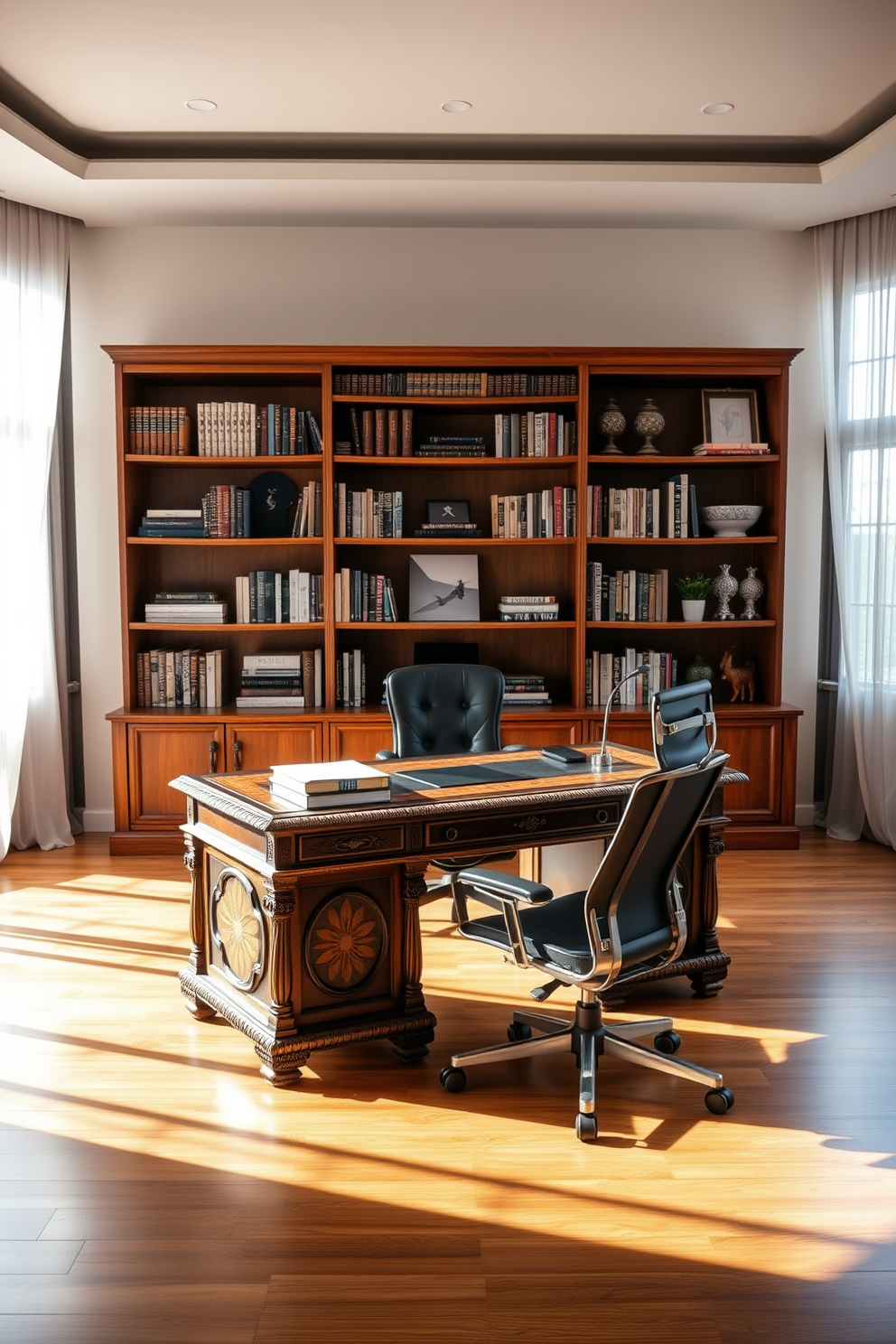 A vintage wooden desk with intricate carvings sits in the center of a spacious study room. Surrounding the desk are sleek modern shelves filled with books and decorative items, creating a harmonious blend of styles. Soft natural light filters through large windows adorned with sheer curtains, illuminating the room's warm wooden floor. A contemporary ergonomic chair complements the desk, providing comfort and style for long hours of work.