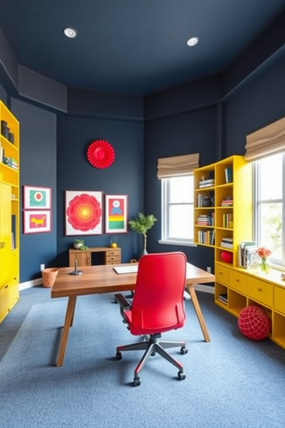 A large study room filled with creative use of bold accent colors. The walls are painted in a deep navy blue, while a bright yellow bookshelf adds a vibrant contrast. A spacious wooden desk is positioned in front of a large window, with a striking red ergonomic chair to enhance comfort. Decorative art pieces in various bold colors are displayed on the walls, creating an inspiring and energetic atmosphere.