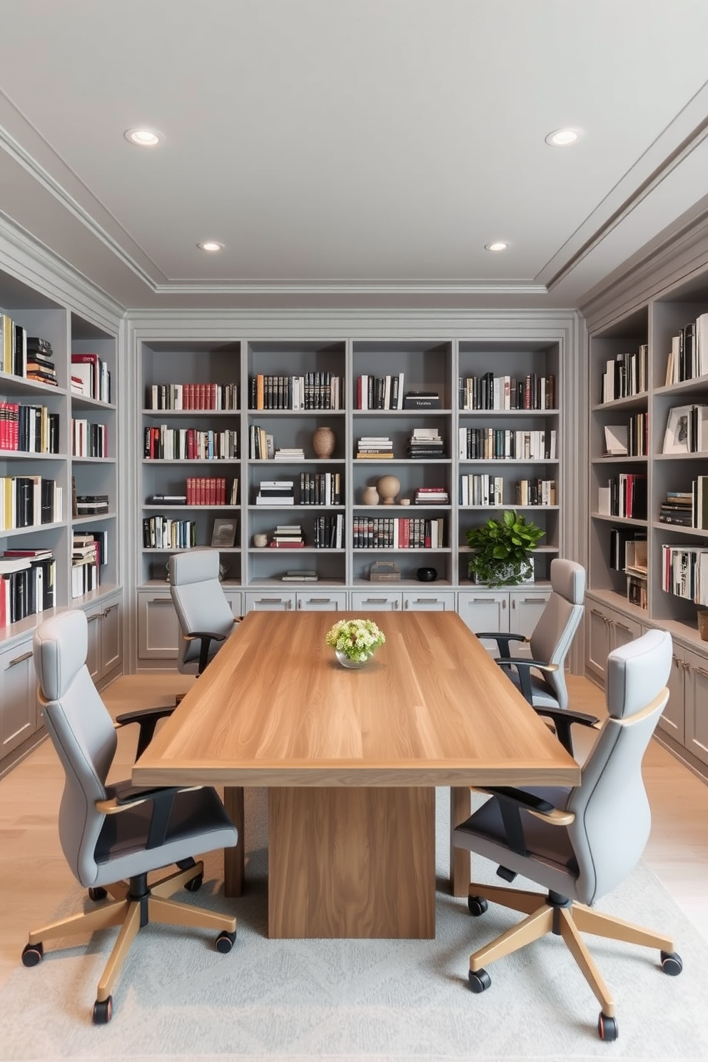 A spacious study room designed for productivity and tranquility. The walls are lined with soundproof panels in soft gray, creating a serene backdrop for focused work. A large wooden desk sits at the center, surrounded by ergonomic chairs in muted tones. Floor-to-ceiling bookshelves filled with books and decorative items add character while maintaining an organized feel.