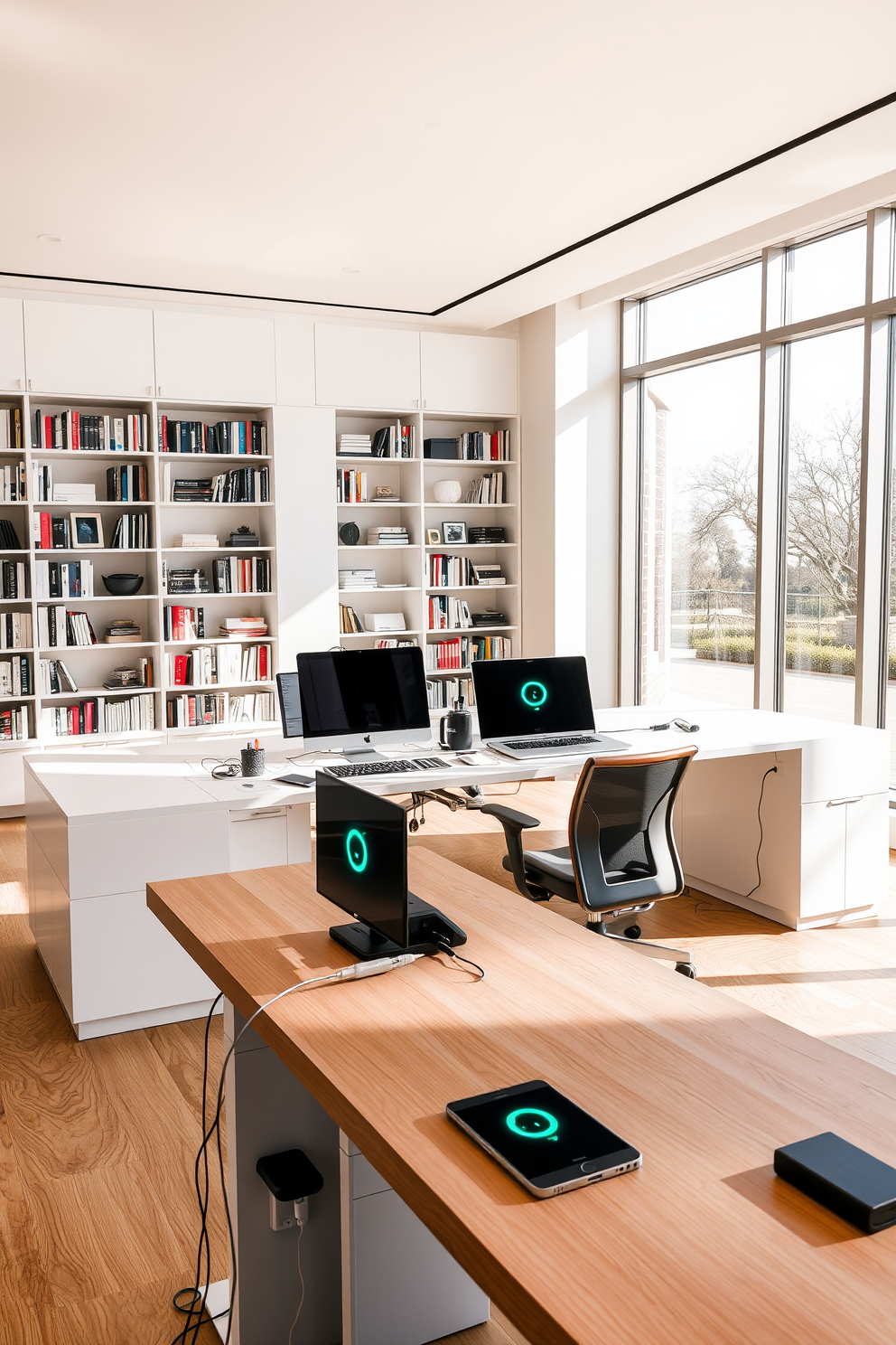 A tech-friendly workspace featuring multiple charging stations integrated into the furniture. The room is designed with sleek, modern lines and ample natural light streaming through large windows. The large study room is equipped with a spacious desk and ergonomic chairs for comfort. Bookshelves line the walls, filled with books and decorative items, creating an inspiring atmosphere for productivity.