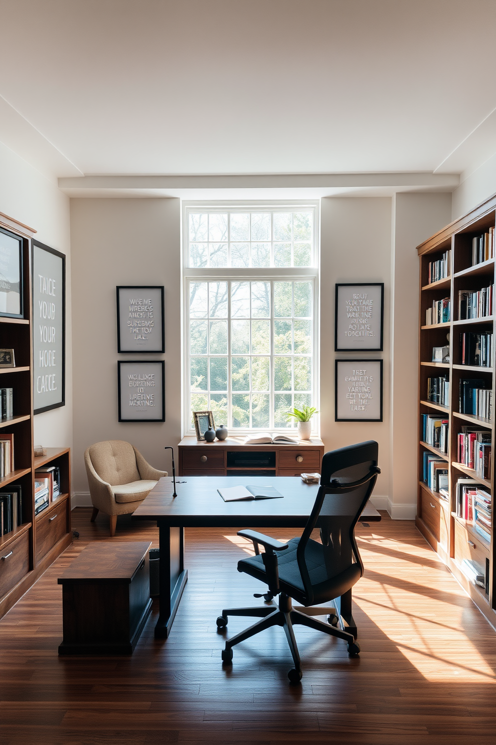 A spacious study room filled with natural light. The walls are adorned with inspirational quotes framed in elegant black frames, creating a motivating atmosphere. A large wooden desk sits in the center, complemented by a comfortable ergonomic chair. Bookshelves line the walls, filled with books and decorative items that add character to the space.