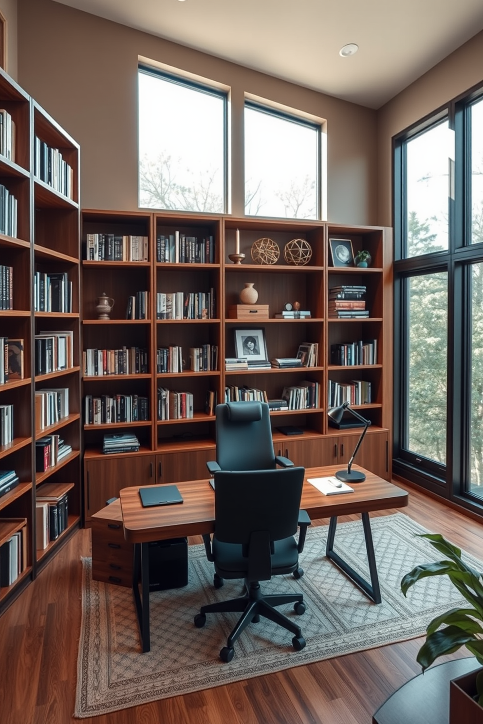 A spacious study room featuring adjustable shelving that allows for versatile storage solutions. The room is filled with natural light from large windows, creating an inviting atmosphere for work and creativity. The adjustable shelves are crafted from rich wood and are lined with books and decorative items. A large wooden desk sits in the center, complemented by a comfortable ergonomic chair and stylish task lighting.