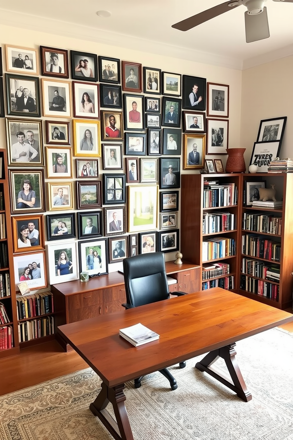 A personalized gallery wall filled with framed photos showcasing cherished memories. The wall features a mix of different frame styles and colors, creating an eclectic yet harmonious display. A spacious study room designed for productivity and comfort. It includes a large wooden desk facing a window, surrounded by bookshelves filled with books and decorative items.