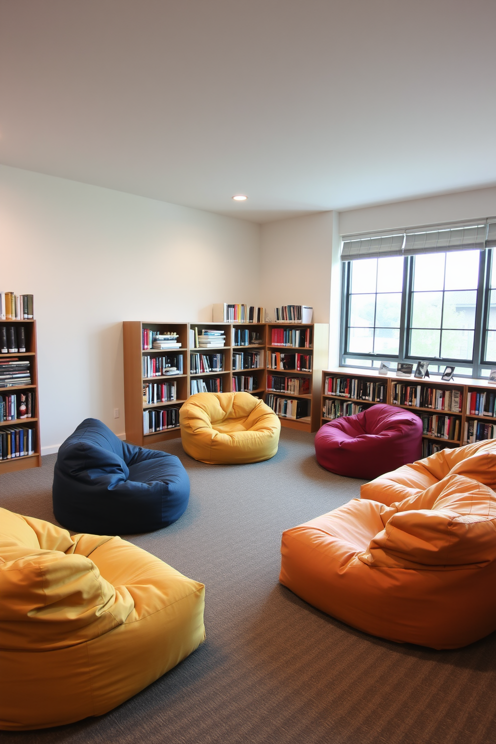 A spacious study room featuring comfortable bean bags arranged in a cozy corner for relaxed study sessions. The room is filled with natural light from large windows, and shelves lined with books add an intellectual charm to the space.