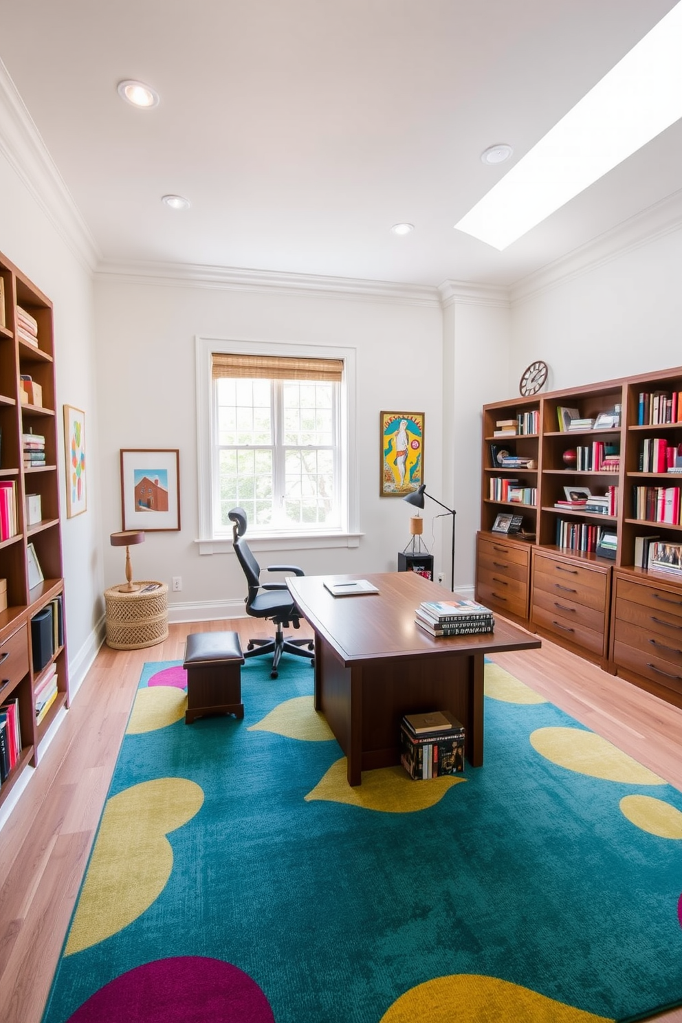 A spacious study room bathed in natural light featuring neutral tones throughout the walls and furniture. Brightly colored accents like a vibrant rug and colorful artwork add a playful touch to the sophisticated atmosphere. The room includes a large wooden desk positioned near a window, complemented by a comfortable ergonomic chair. Bookshelves line the walls, filled with books and decorative items that enhance the room's inviting and inspiring ambiance.