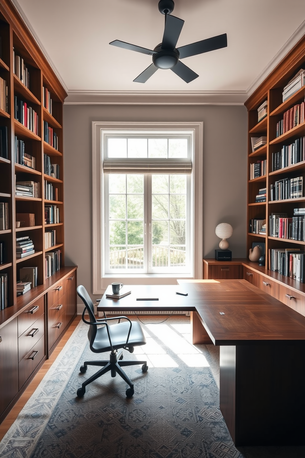 A spacious study room designed for productivity. The room features a large wooden desk positioned near a window, allowing natural light to flood the space. Bookshelves line the walls, filled with neatly arranged books and decorative items. Hidden cable management is incorporated into the desk and walls for a tidy appearance.