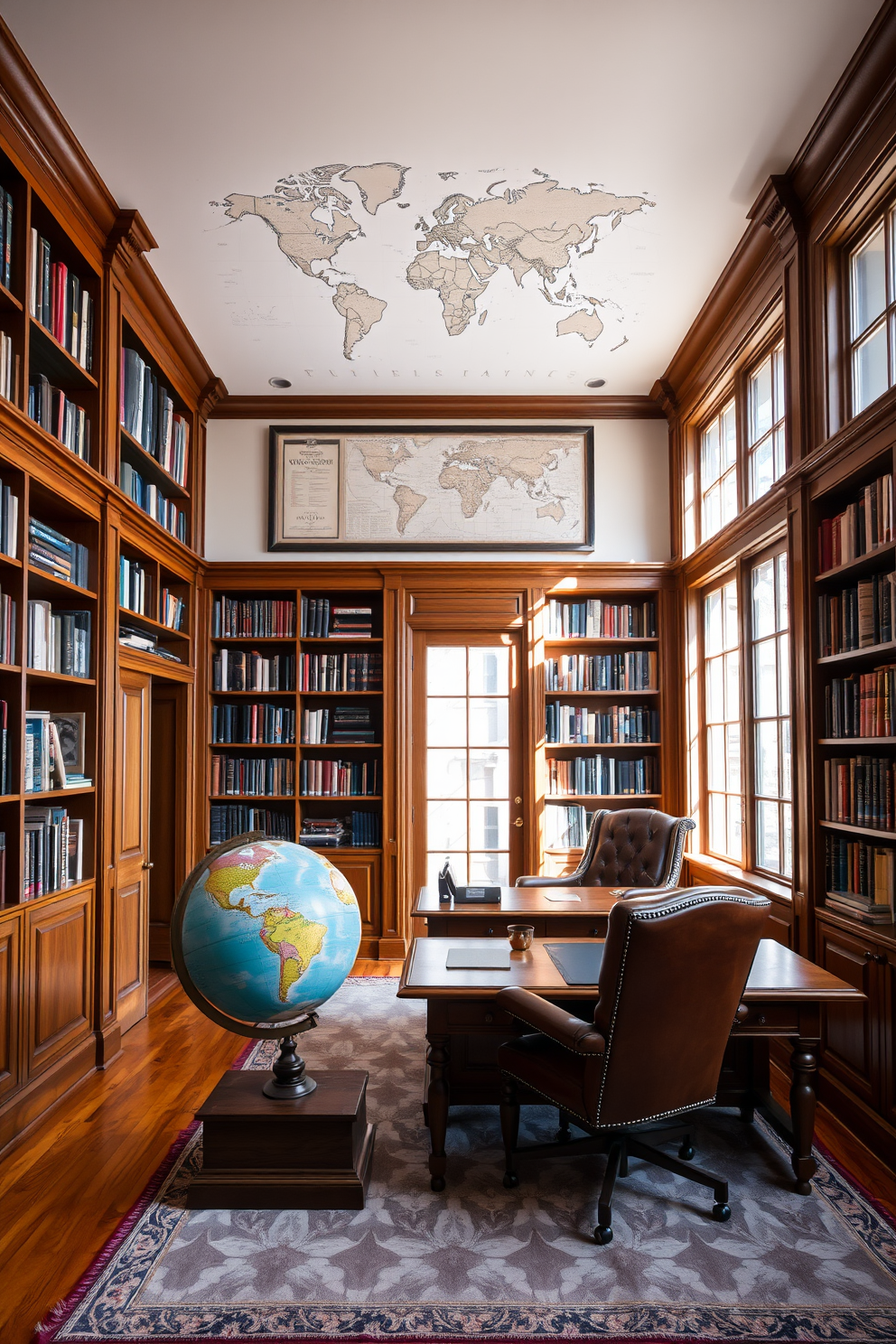 A spacious study room features a large world globe prominently displayed on a wooden pedestal. The walls are lined with bookshelves filled with books, and a comfortable leather chair sits beside a classic wooden desk. The decor includes a large map of the world framed and hung above the desk, creating a focal point. Natural light pours in through large windows, illuminating the rich wooden finishes and soft area rug on the floor.