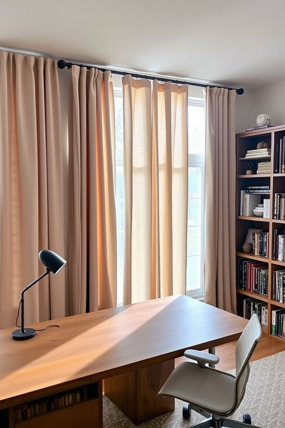 Stylish curtains made of lightweight linen drape elegantly from a modern curtain rod, allowing ample natural light to filter into the room. The curtains are in a soft, neutral tone that complements the overall decor while adding a touch of sophistication. The large study room features a spacious desk made of reclaimed wood, paired with a sleek ergonomic chair for comfort. Bookshelves line the walls, filled with an organized collection of books and decorative items that inspire creativity and focus.