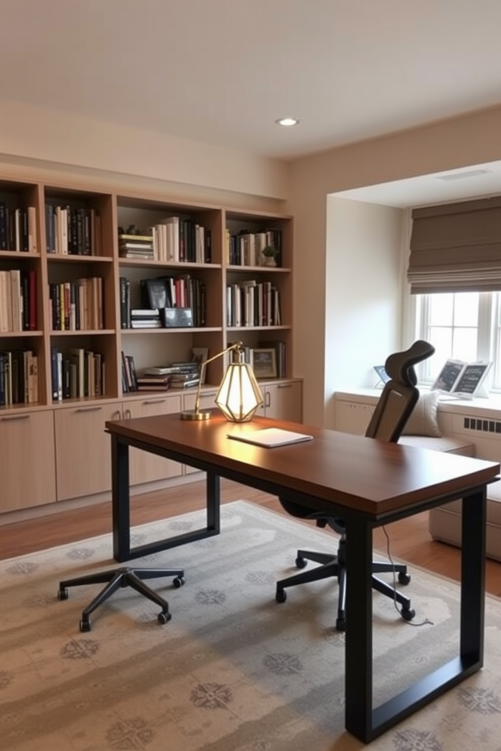 A unique desk lamp featuring a geometric design with a warm glow sits on a sleek wooden desk. The study room is spacious, showcasing a blend of modern and classic elements with bookshelves lining the walls and a comfortable reading nook by the window. The walls are painted in a soft beige tone, creating a calming atmosphere. A large area rug with subtle patterns anchors the space, while a stylish ergonomic chair complements the desk, inviting productivity and creativity.