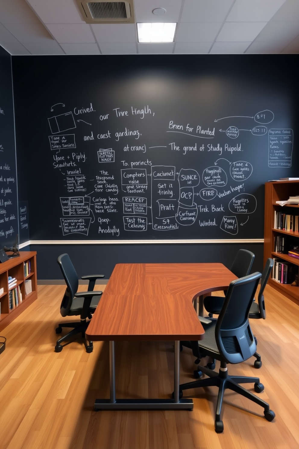 A spacious study room features a chalkboard wall that serves as a creative brainstorming space. The room is filled with a large wooden desk, surrounded by comfortable ergonomic chairs and ample shelving for books and resources.