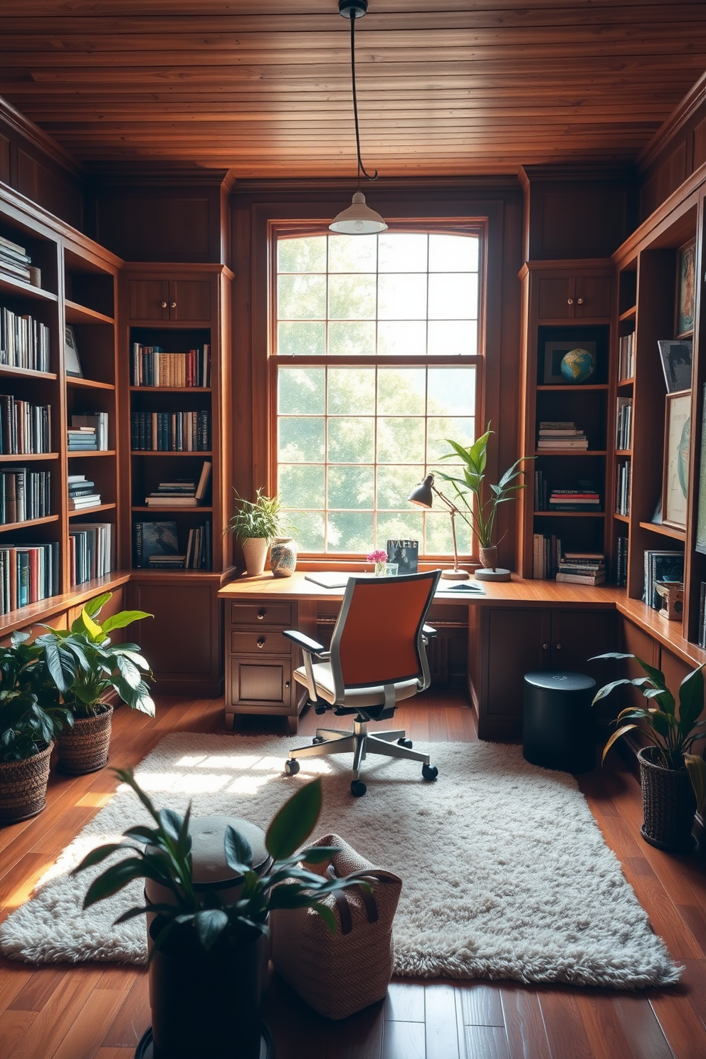 A spacious study room filled with warm wood tones creates a cozy and inviting atmosphere. The room features a large wooden desk with a comfortable ergonomic chair, surrounded by built-in bookshelves filled with books and personal memorabilia. Soft lighting from a stylish desk lamp complements the natural light streaming through large windows. A plush area rug adds warmth underfoot, while potted plants bring a touch of nature into the space.