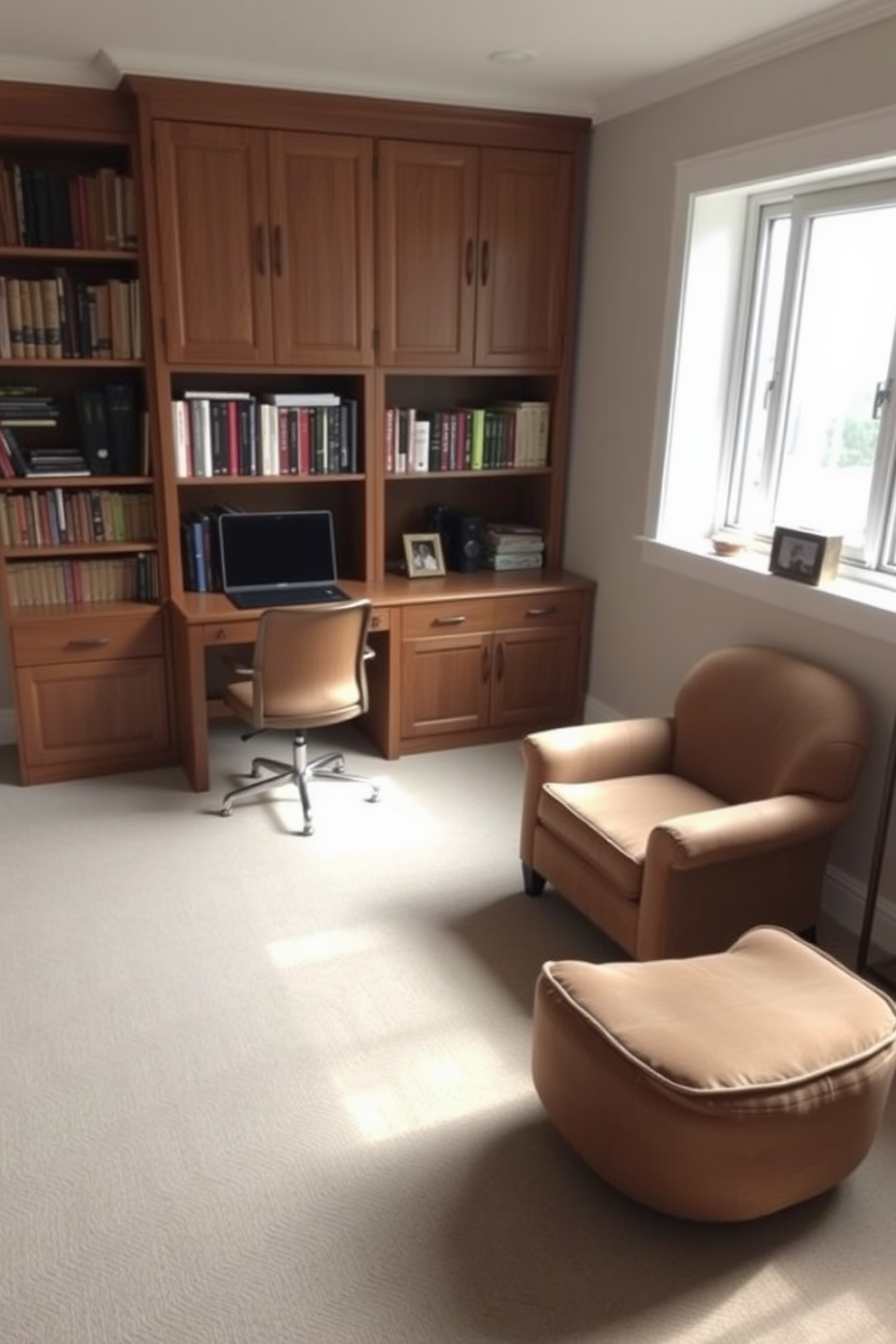 A spacious study room features designated zones for various study activities. One area is equipped with a large wooden desk facing a window, providing natural light for focused work. In another corner, a cozy reading nook is created with a plush armchair and a small bookshelf filled with favorite titles. Soft lighting enhances the atmosphere, making it inviting for relaxation and study.