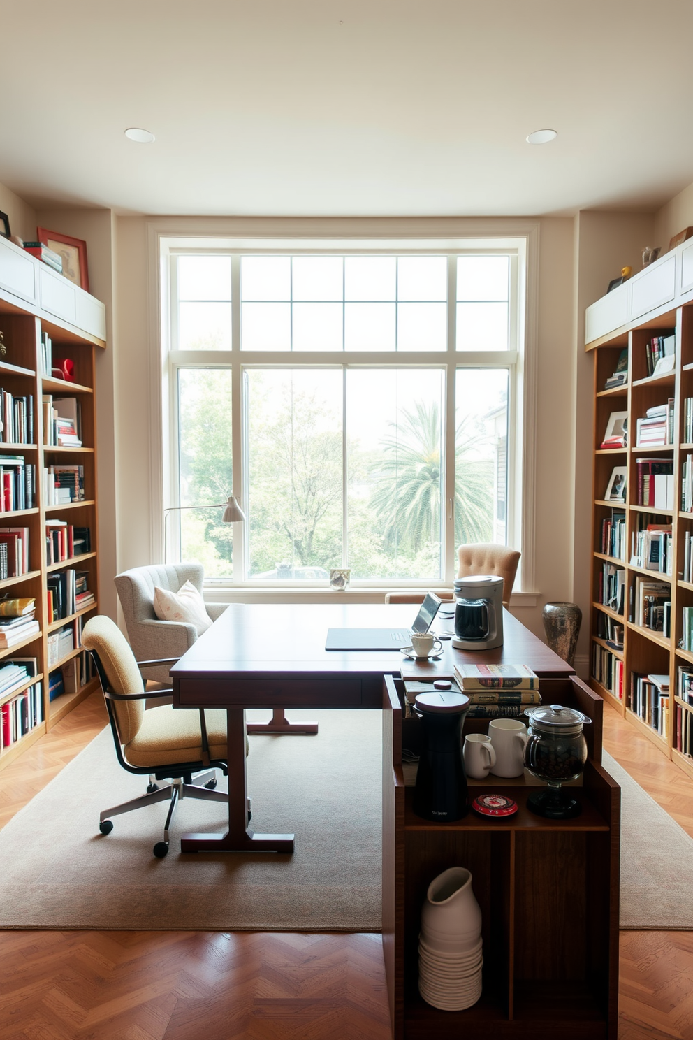 A spacious study room featuring a large wooden desk positioned in front of a large window that allows natural light to flood the space. Bookshelves line the walls, filled with an array of books and decorative items, creating a warm and inviting atmosphere. In one corner, a cozy armchair is paired with a small side table, perfect for reading or relaxing. A small coffee station is set up nearby, complete with a sleek coffee maker, mugs, and a selection of coffee beans, adding functionality to the design.