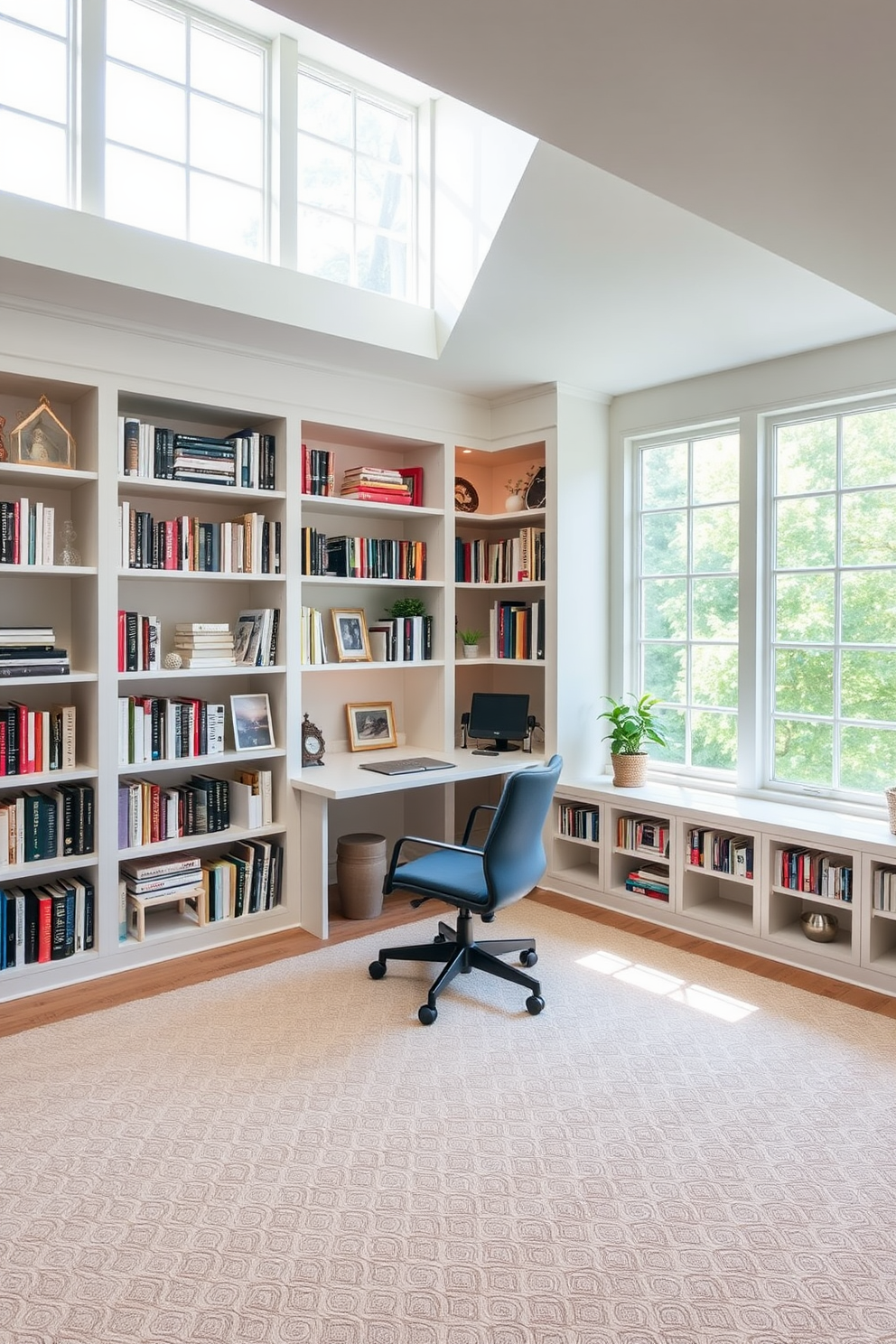 A spacious study room featuring built-in shelves that provide organized storage for books and decorative items. The room is filled with natural light streaming through large windows, creating an inviting and productive atmosphere.