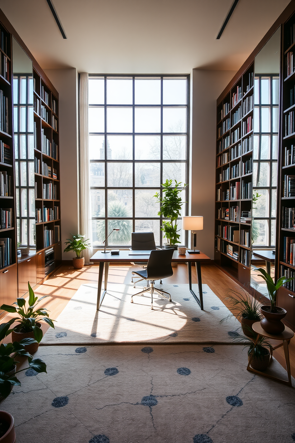 A large study room filled with natural light features a sleek wooden desk positioned against a wall of floor-to-ceiling bookshelves. Mirrors are strategically placed on opposite walls to enhance the sense of space and depth in the room. The decor includes a comfortable leather chair and a modern lamp that provides warm lighting. A large area rug in neutral tones anchors the space, while potted plants add a touch of greenery and vibrancy.