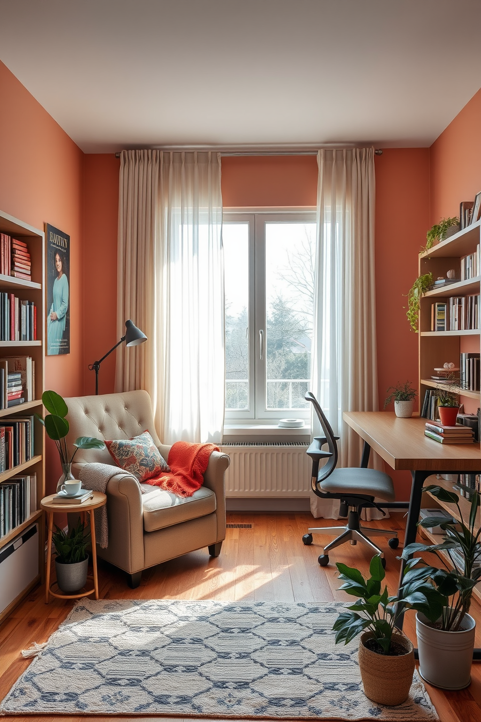 Cozy reading nook with armchair. A plush armchair is positioned next to a large window, draped with soft, sheer curtains that let in natural light. A small side table holds a steaming cup of tea and a stack of books, while a colorful throw blanket is casually draped over the armchair. The walls are painted in a warm, inviting color, and a small bookshelf filled with novels adds charm to the space. Large study room design ideas. A spacious desk faces a large window, providing a perfect view and ample light for work. Stylish bookshelves line the walls, filled with books and decorative items, while a comfortable ergonomic chair offers support during long hours of study. A soft area rug adds warmth to the hardwood floor, and potted plants bring a touch of nature into the room.