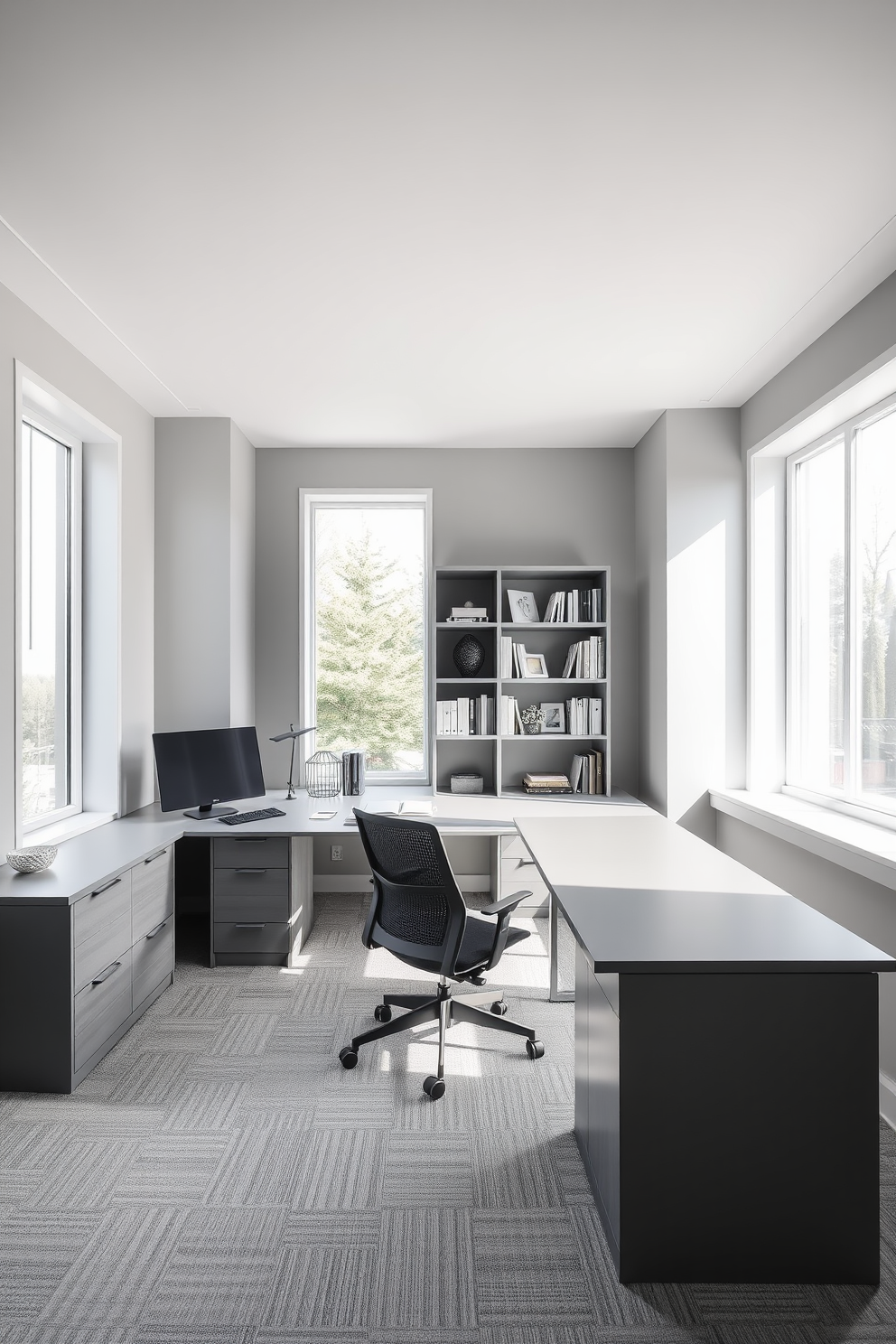 A large study room designed with a monochromatic color scheme that evokes a sense of calmness. The walls are painted in various shades of soft gray, complemented by a sleek gray desk and a comfortable ergonomic chair. Natural light floods the space through large windows, illuminating the room's minimalist decor. Shelves filled with neatly arranged books and a few decorative items add personality without overwhelming the serene atmosphere.