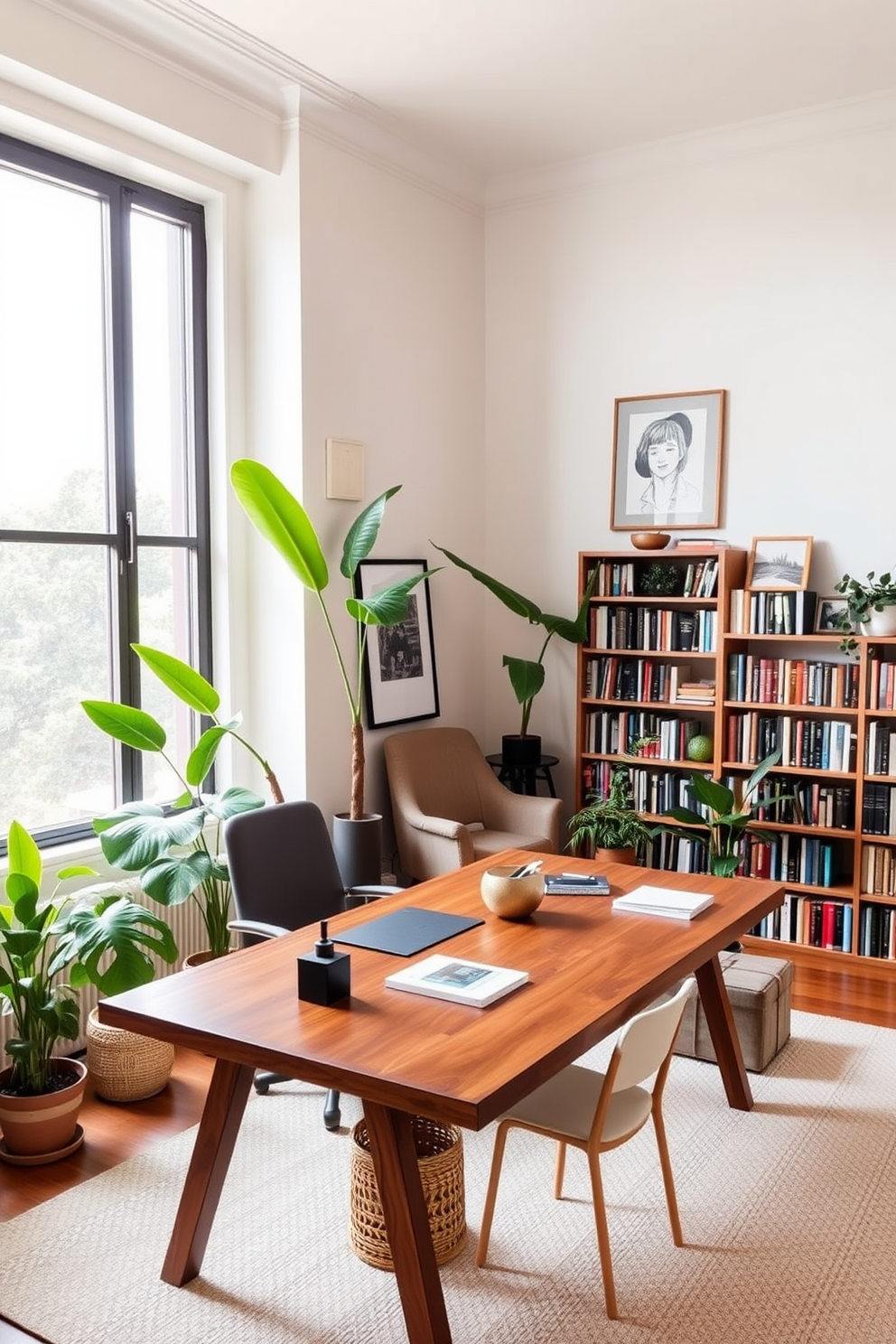 A spacious study room featuring a large wooden desk positioned in front of a tall window that allows natural light to flood the space. Lush green plants are placed strategically around the room, adding a refreshing touch and creating a serene atmosphere. The walls are painted in a soft neutral color, complemented by a cozy reading nook with a comfortable armchair and a small side table. Bookshelves filled with an array of books line one wall, while artwork and personal items add character to the design.