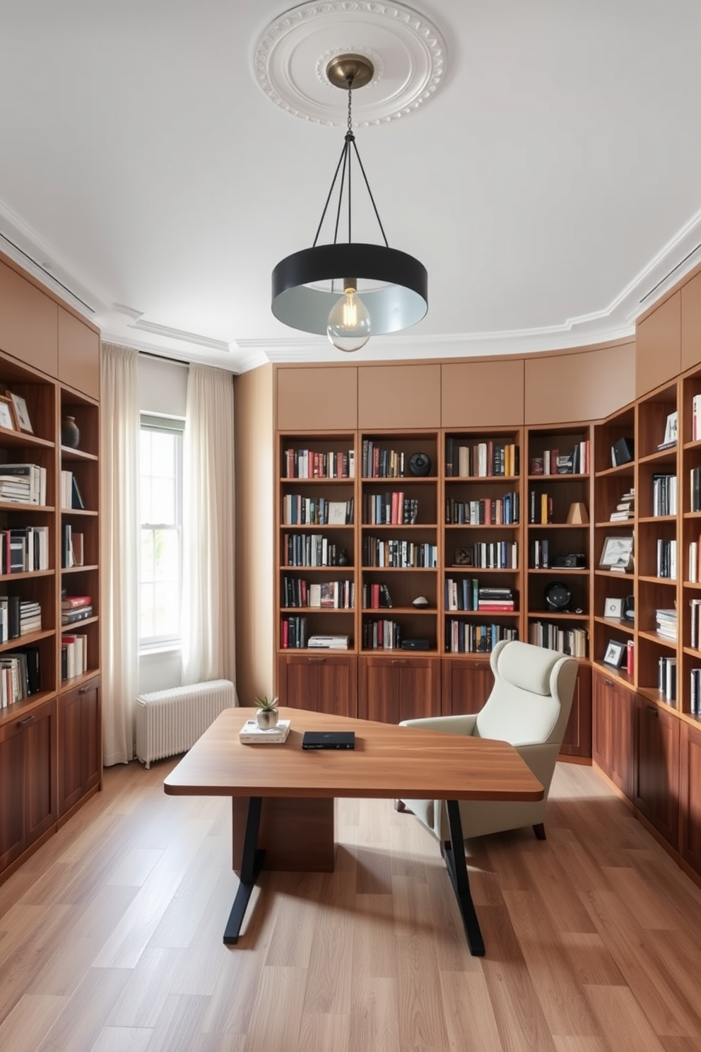 A large study room features a stylish pendant light hanging gracefully above a modern wooden desk. The walls are adorned with built-in shelves filled with books, while a comfortable armchair sits invitingly in the corner, creating a cozy reading nook.